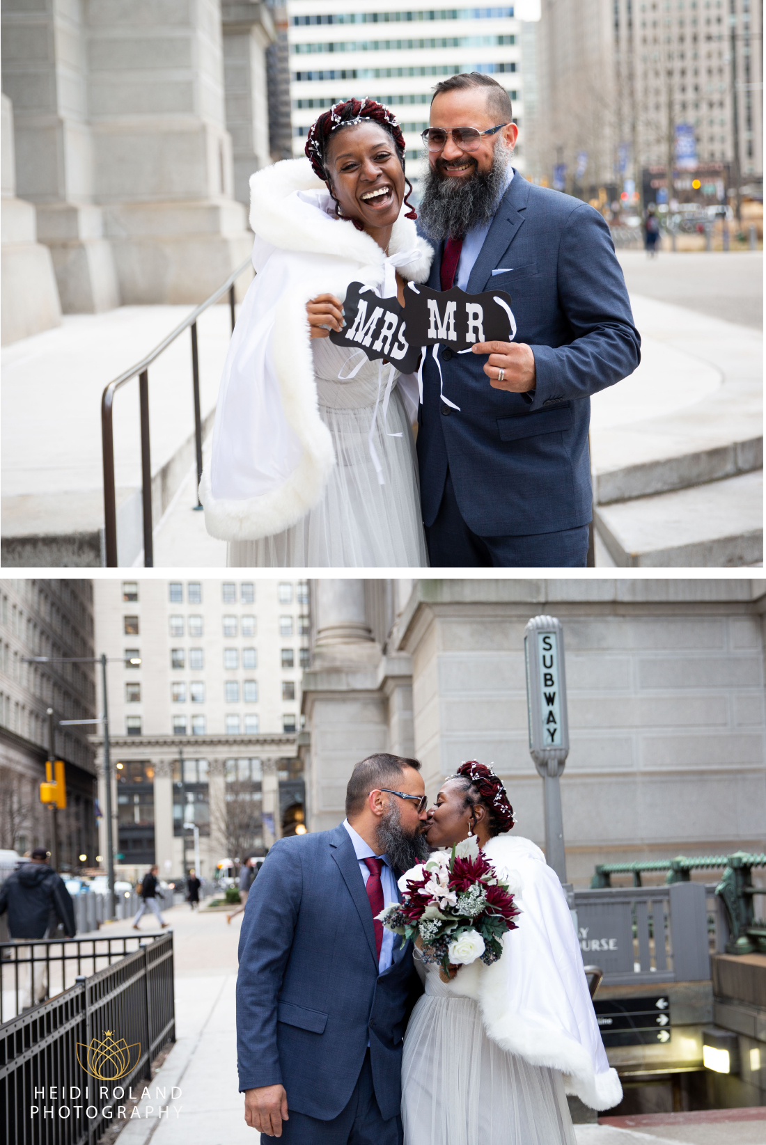 bride and groom kissing outside Philadelphia City Hall