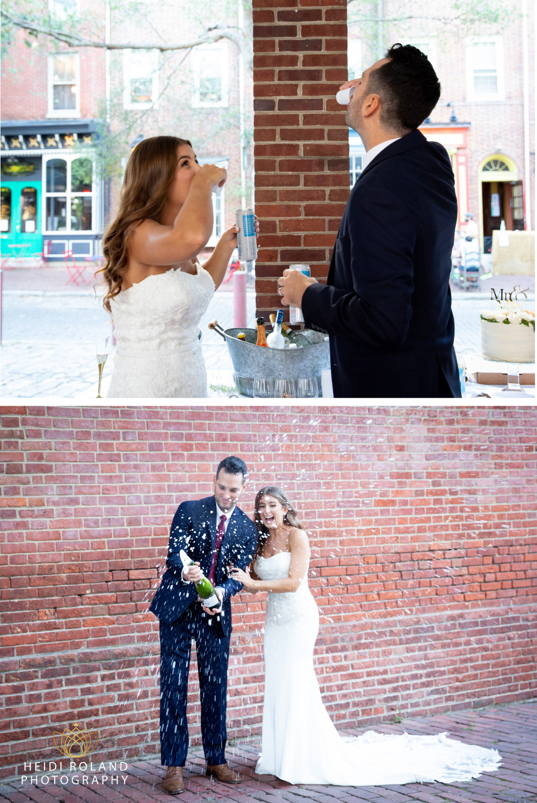 bride and groom taking shots at Headhouse Square wedding Philadelphia