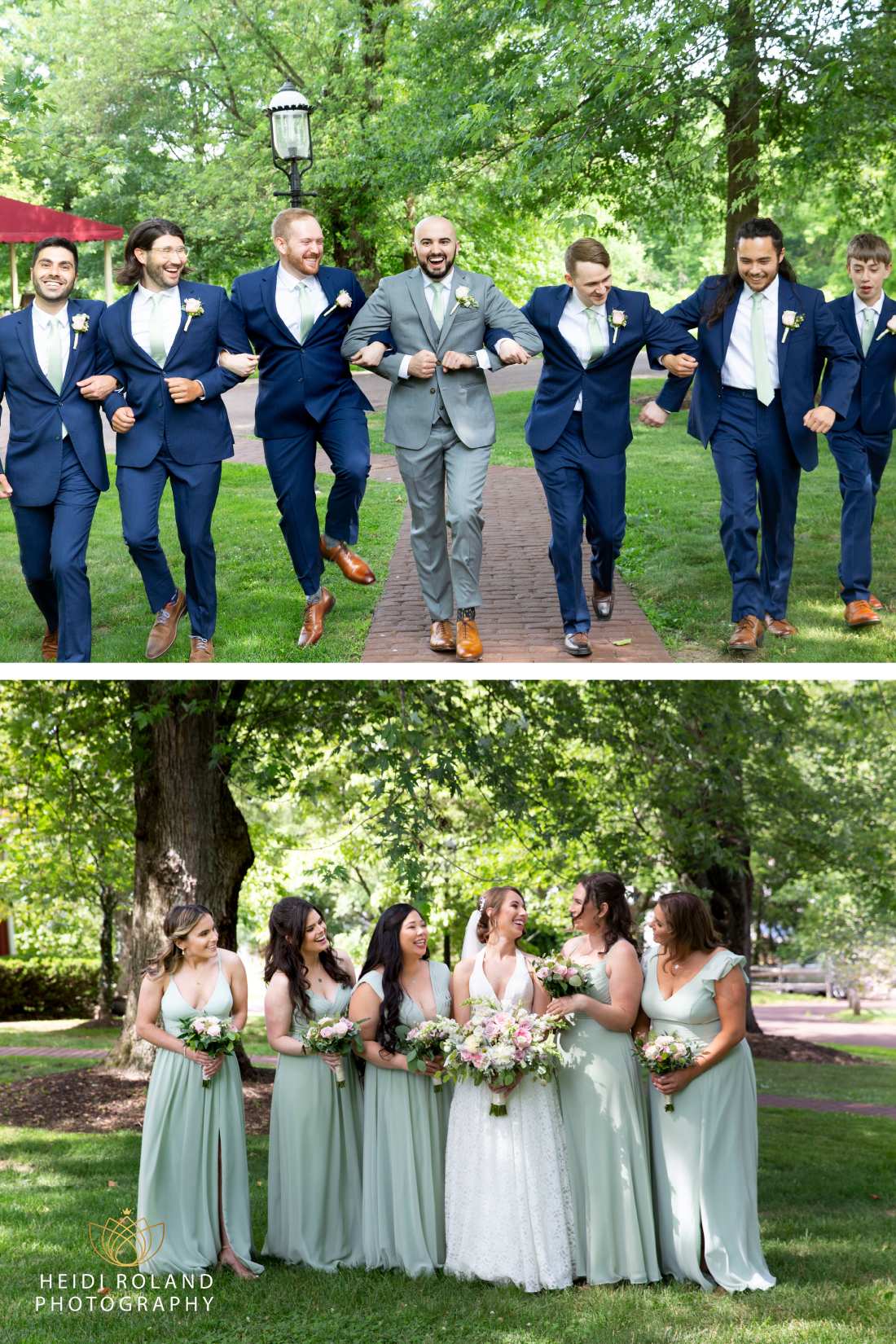 bridesmaids and groomsmen having fun on wedding day