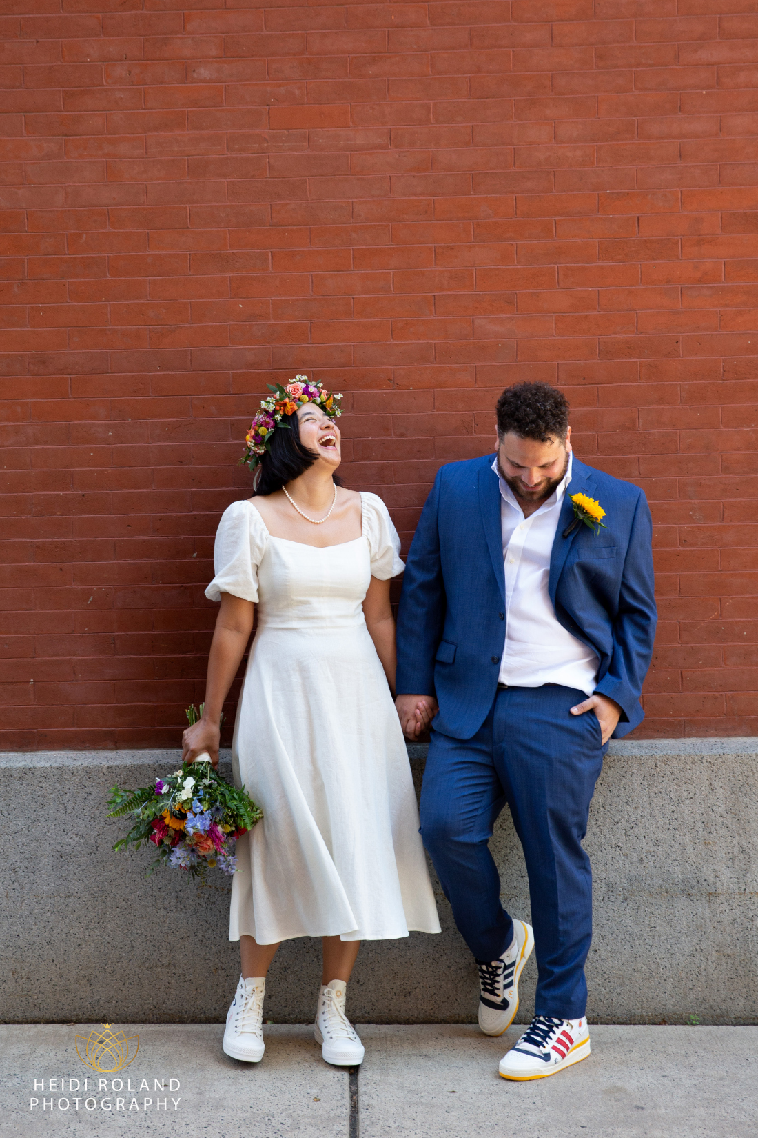 bride and groom laughing in old city philadelphia
