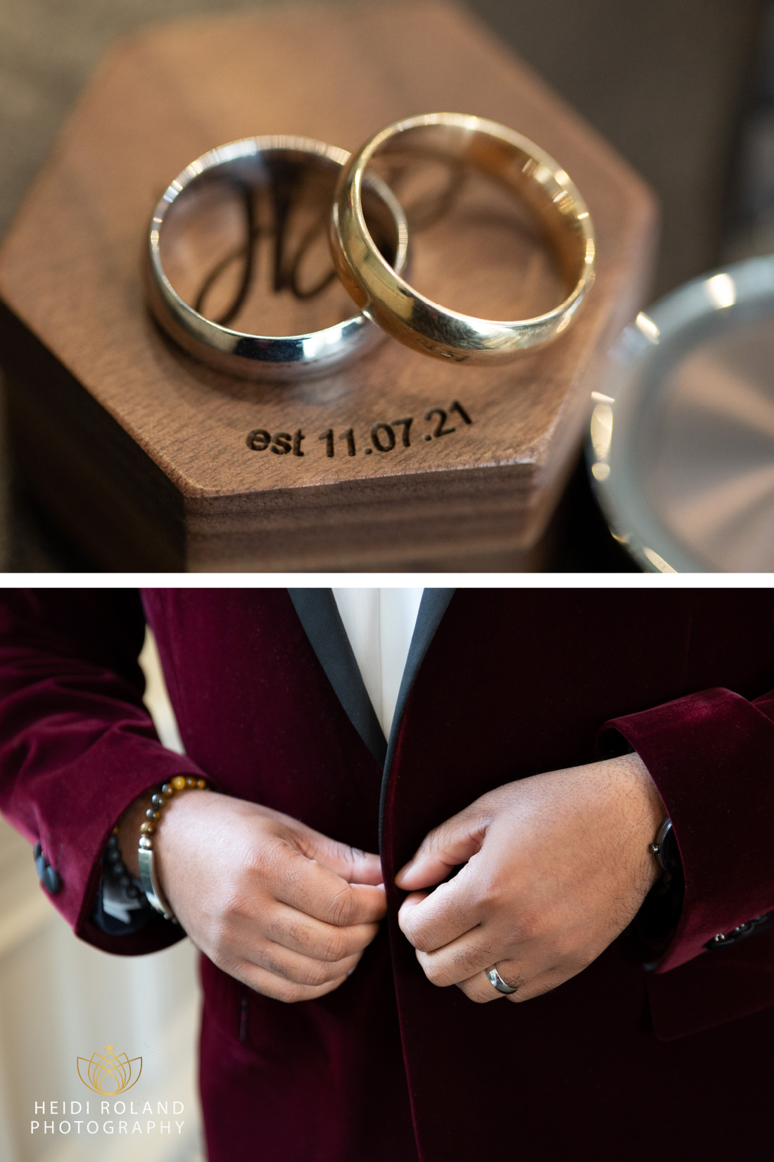 gold wedding band close up and groom buttoning red velvet jacket