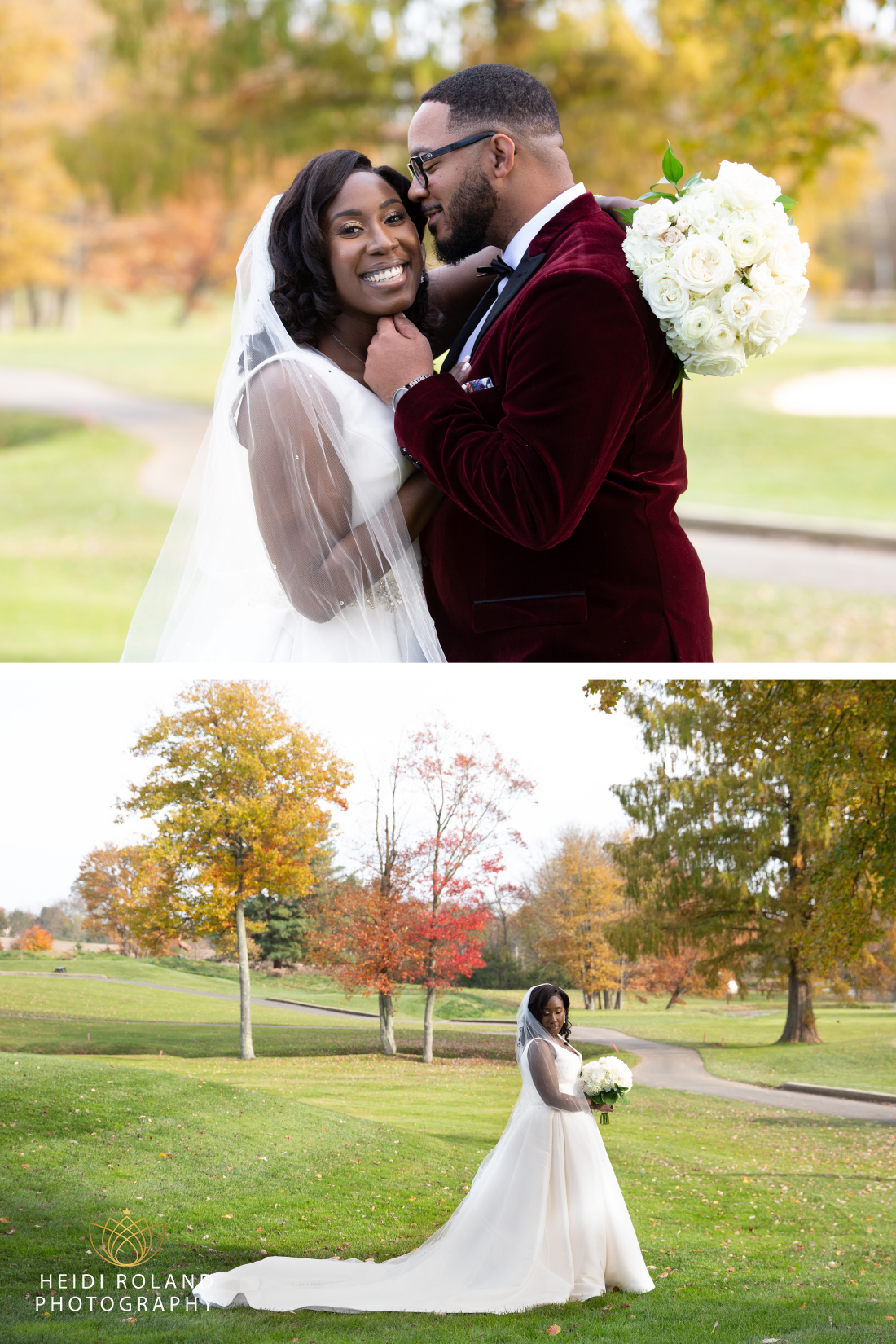 close up of bride and groom at Penn Oaks Golf Club in Fall