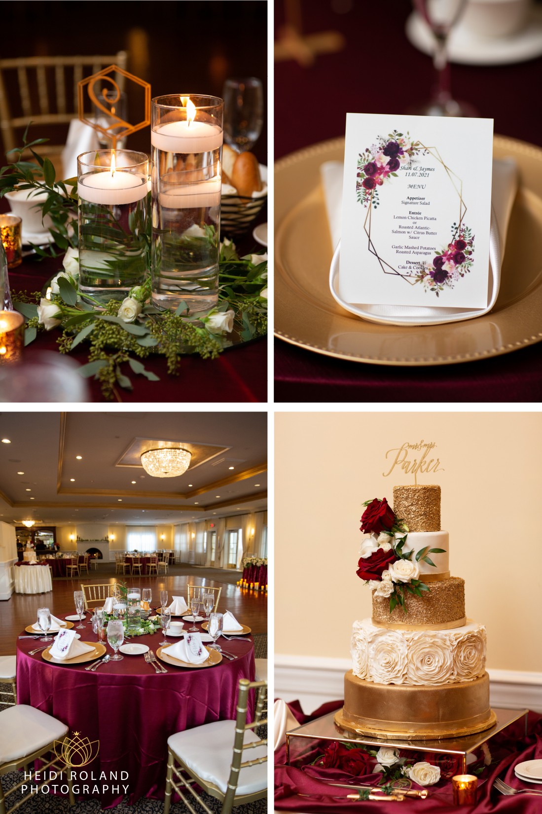 Penn Oaks Golf Club Wedding reception menu and gold cake