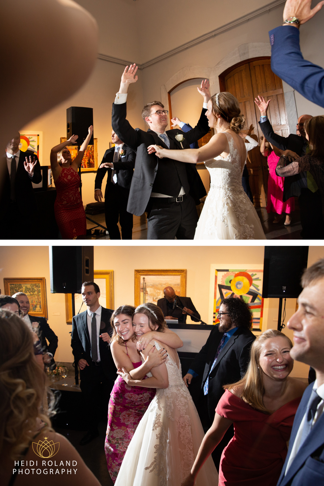 bride and groom dancing at their museum wedding