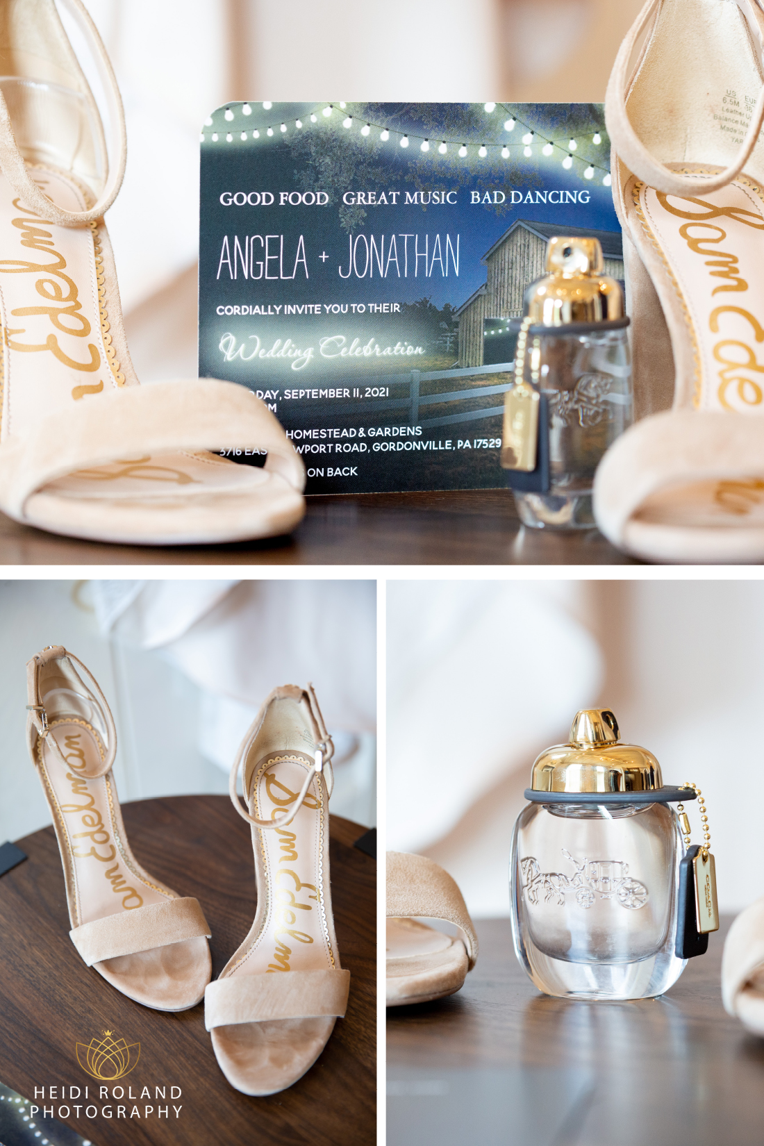 bridal details, shoes, perfume, invitation for barn wedding in PA