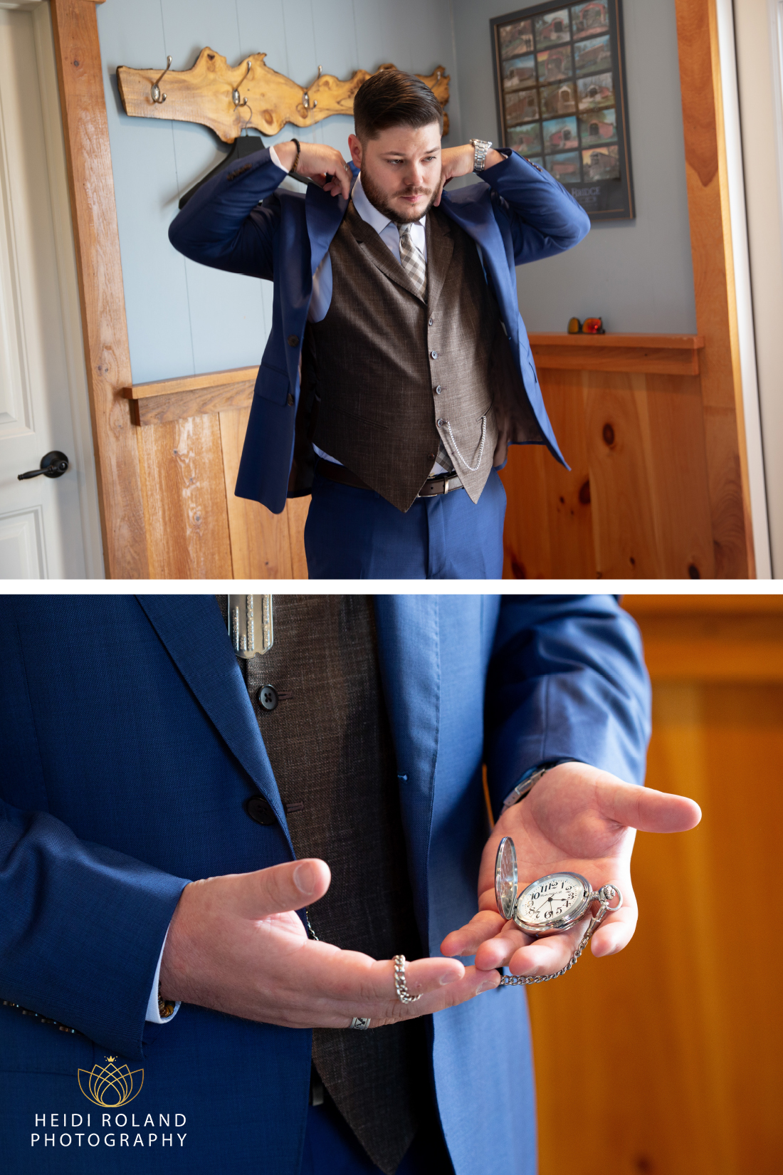 Grooms in blue suit with pocket watch at rustic Stoltzfus wedding