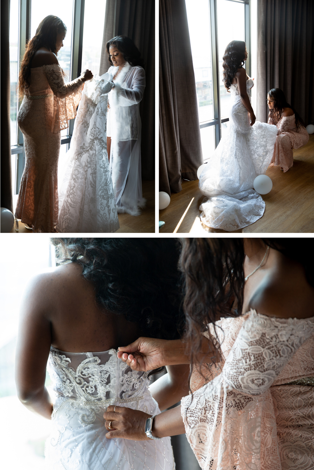 mother and daughter with wedding dress in hotel