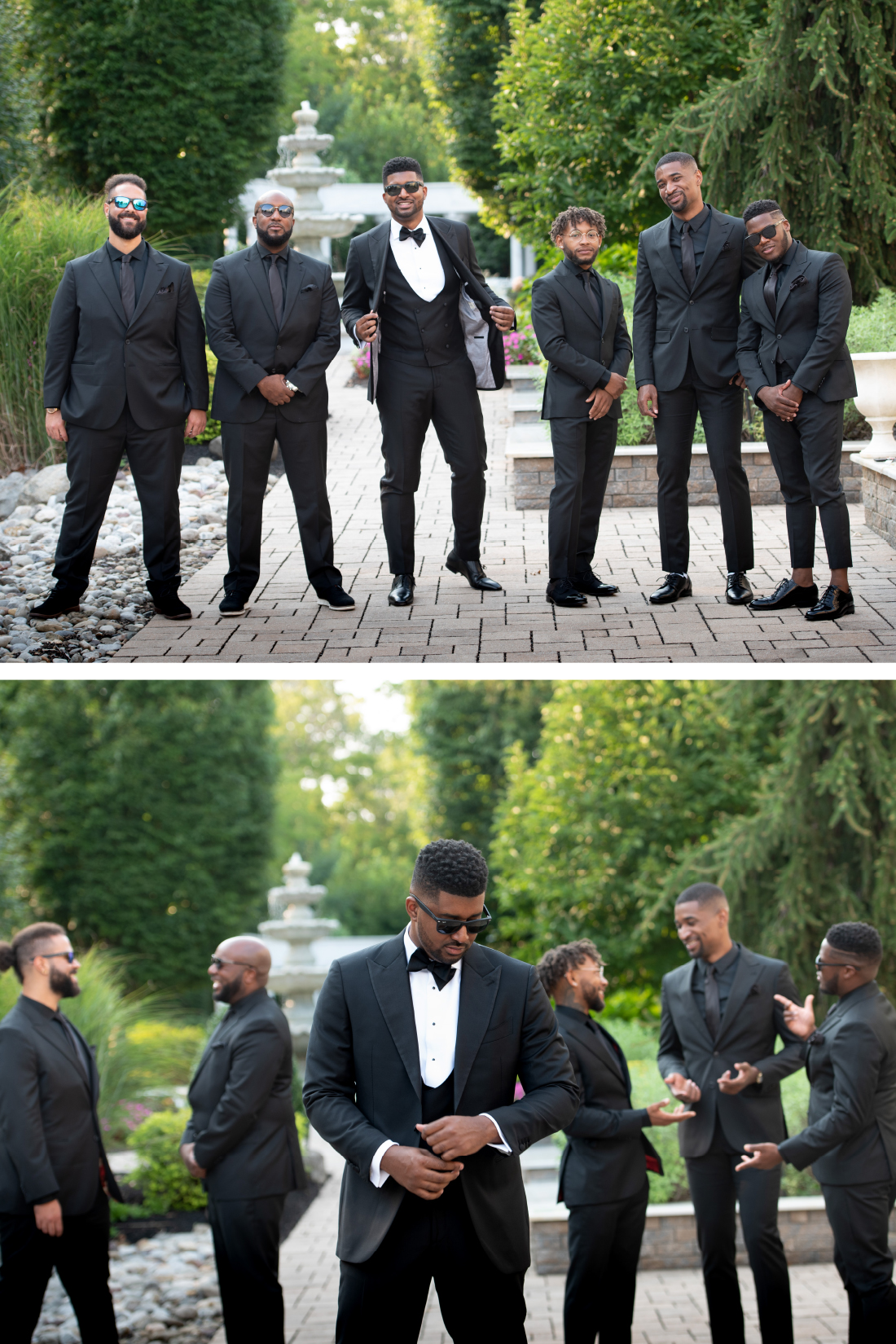 groomsmen in black suits at the Waterfall in DE