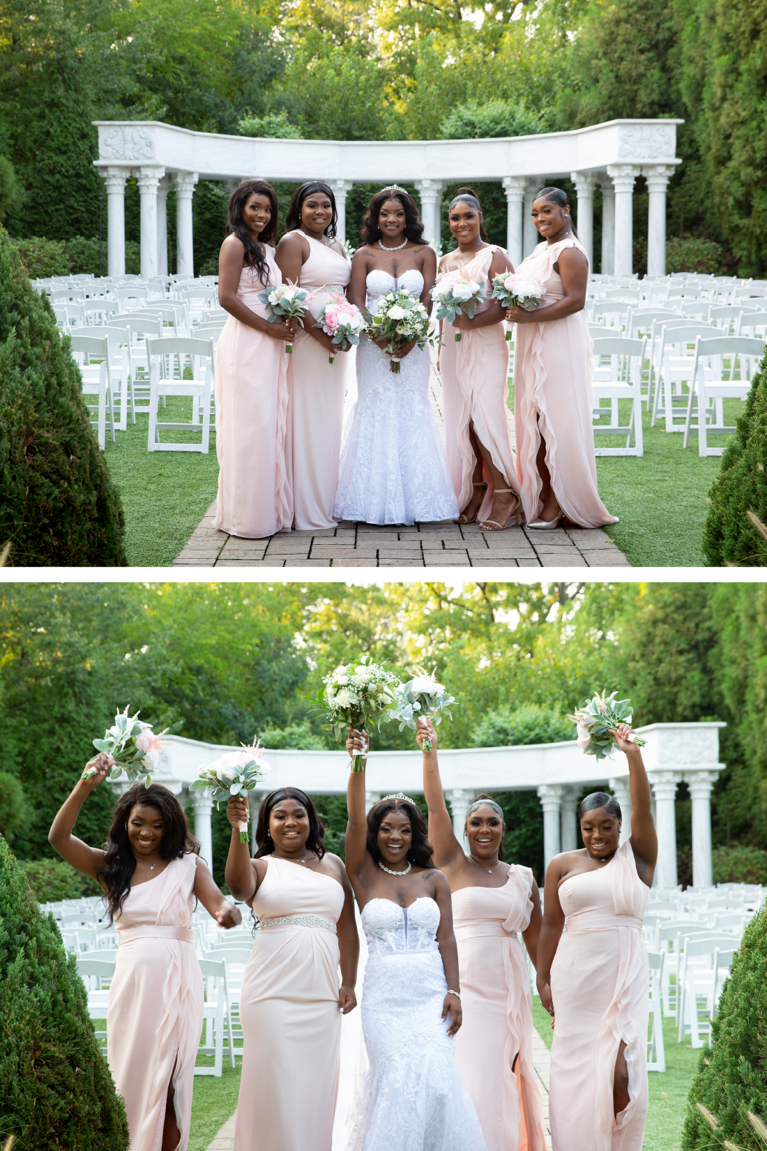 Bridesmaids in light pink in front of columns at The Waterfall Venue in DE