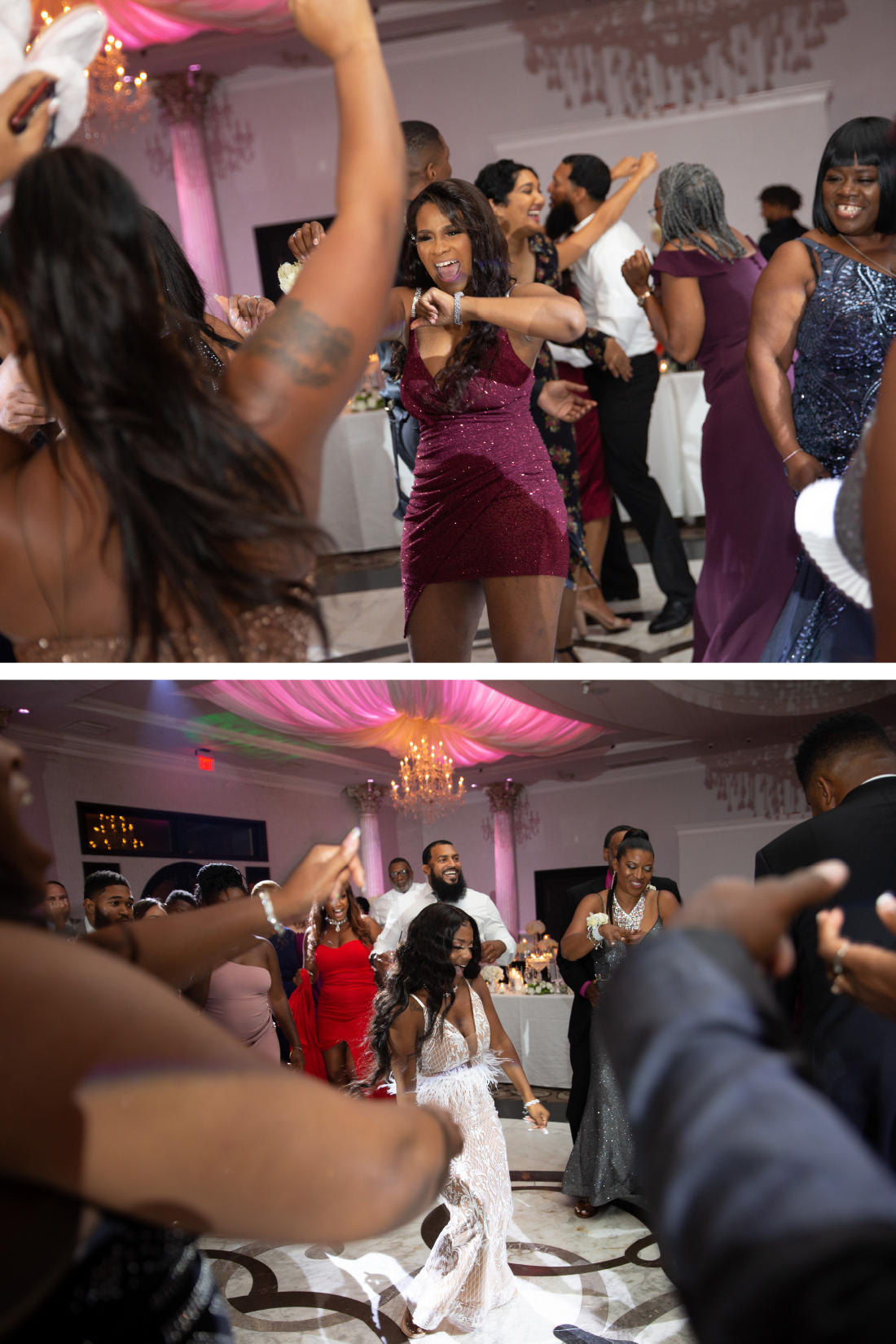 bride dancing in reception dress at DE Ballroom. wedding
