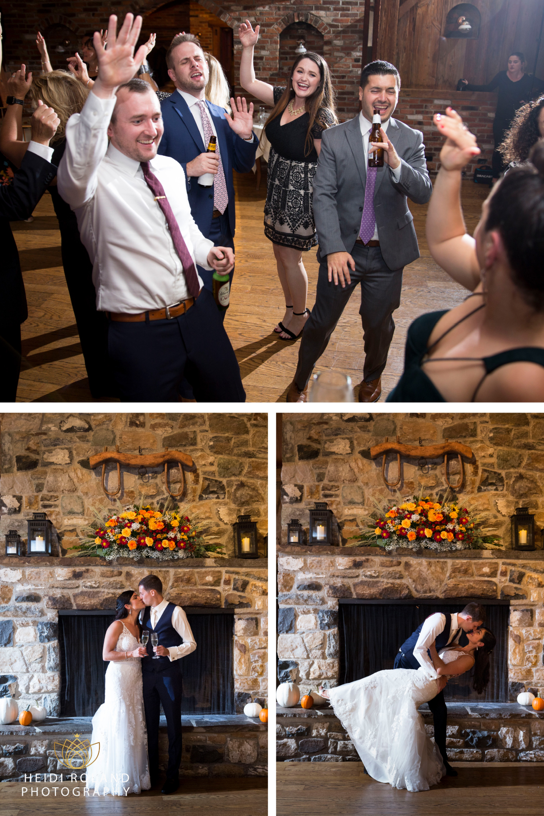 Stone Barn Kennett Square wedding dancing and bride and groom in front of fireplace