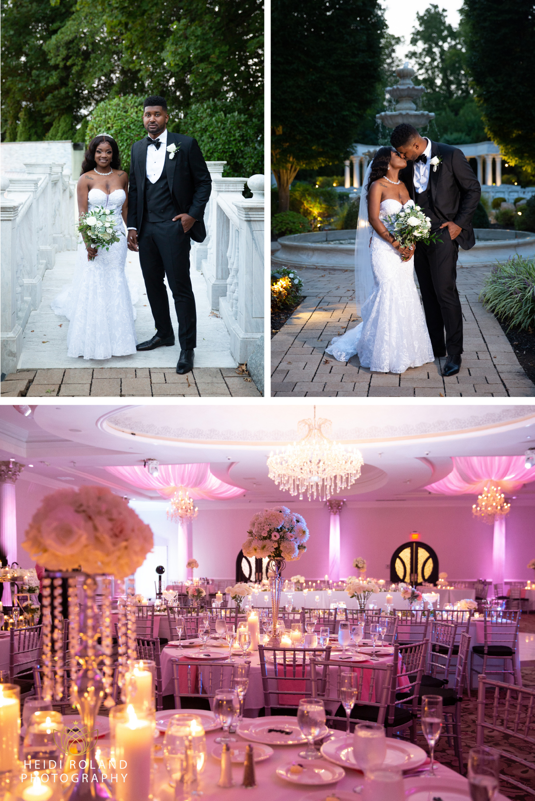 The Waterfall outside bride and groom photos and wedding reception with pink uplighting in DE