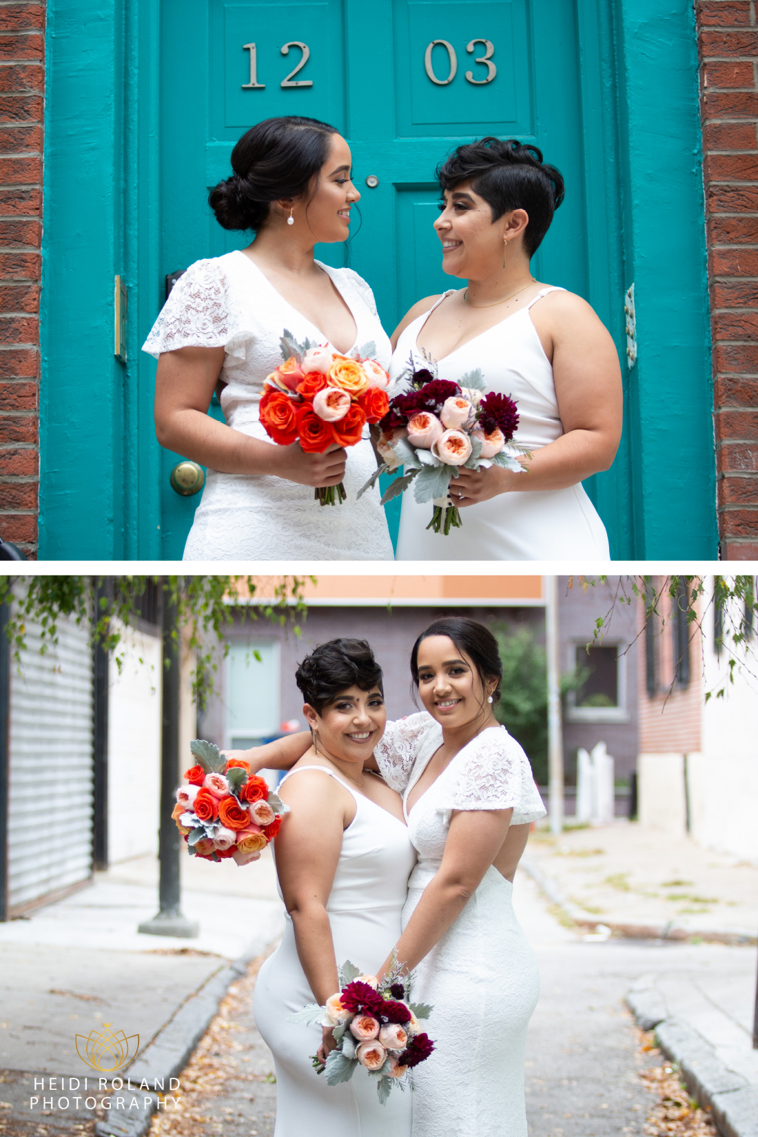 brides in front of blue door
