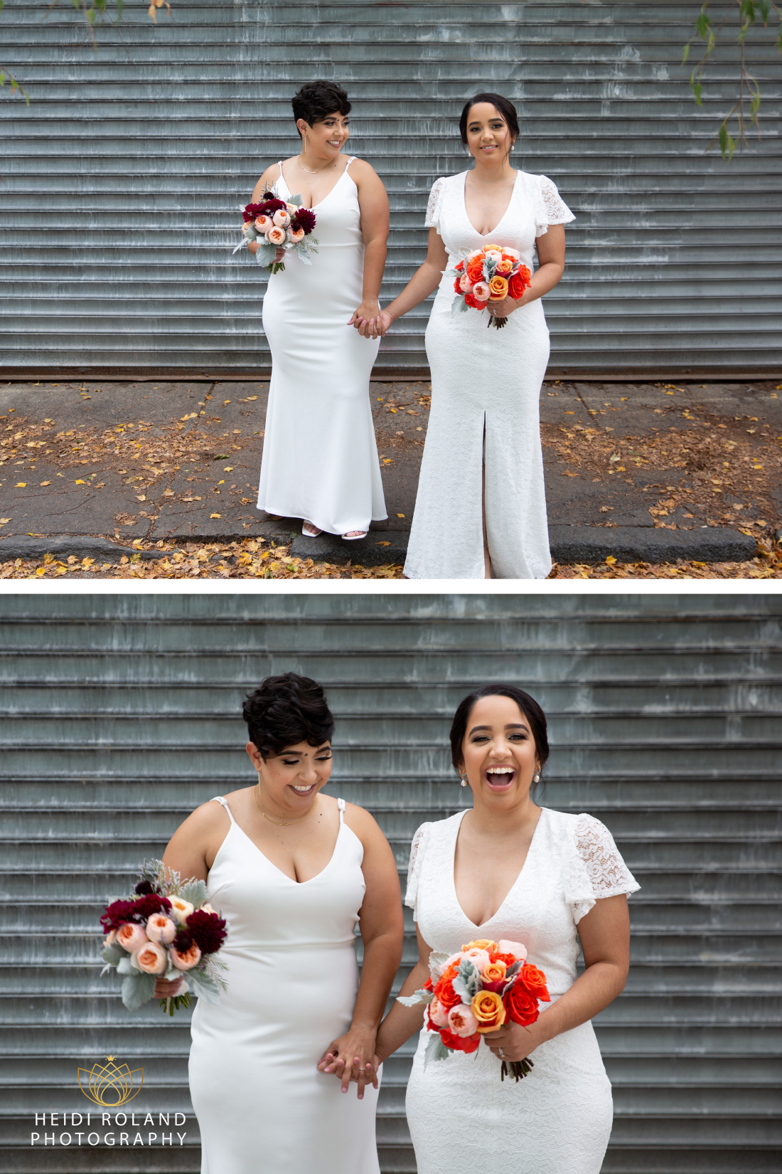two brides with bright white dresses and bright floral bouquets on street