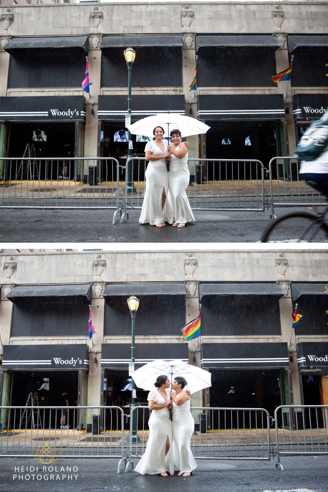 Two brides with umbrellas in front of Woody's Philadelphia