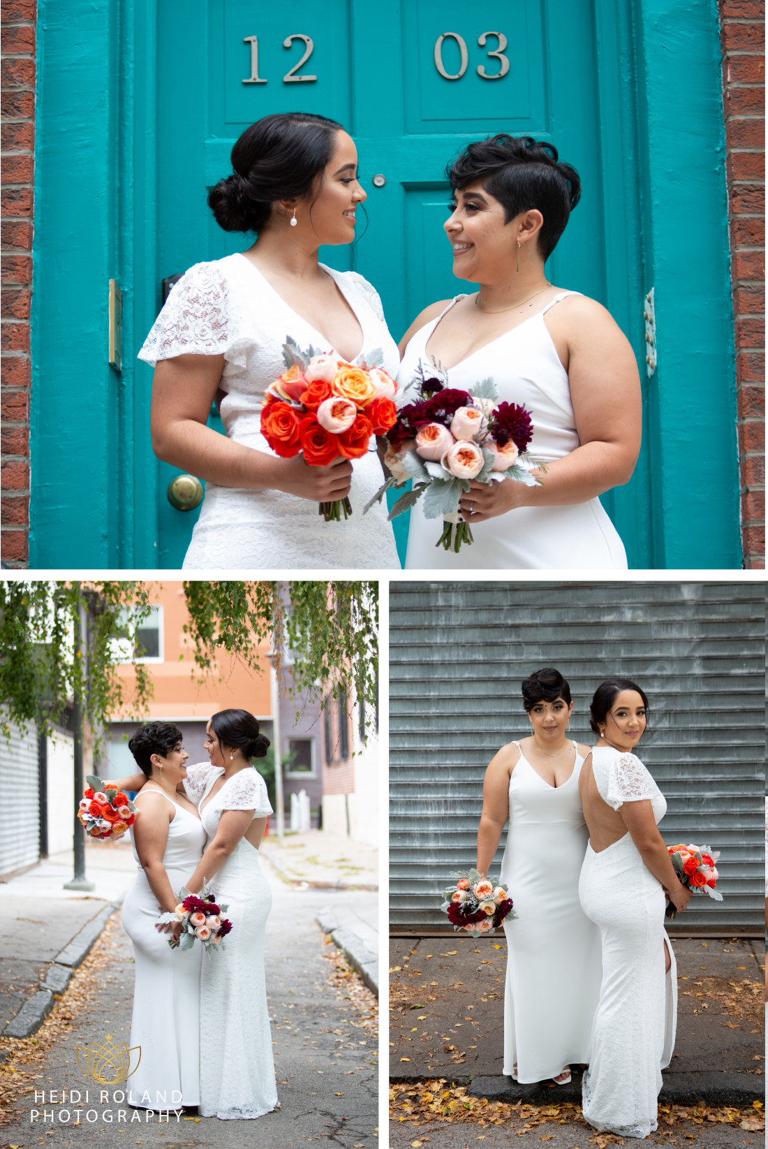 Brides in old city Philadelphia in front of blue door