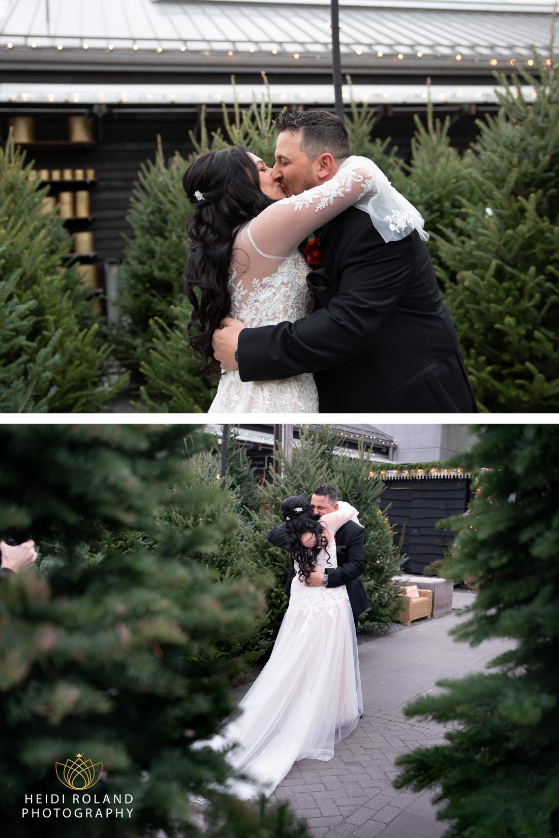 First look Bride and Groom outside with Christmas trees at Terrain