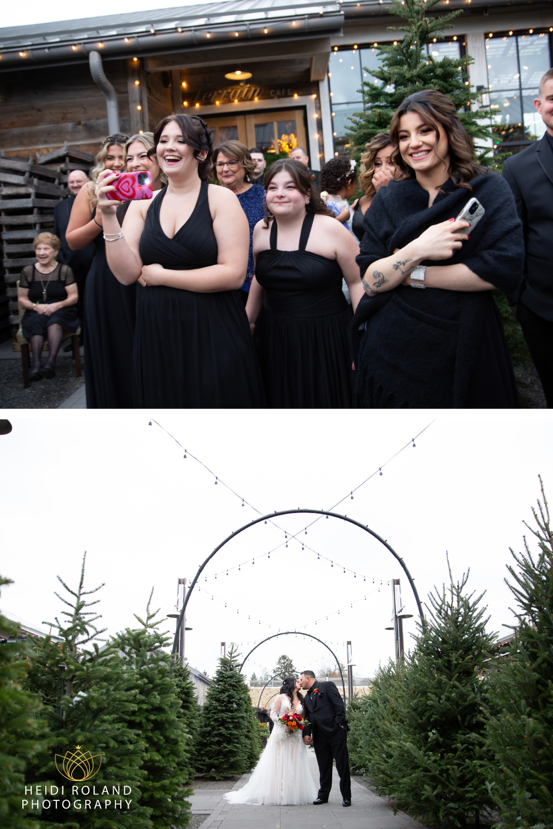 bride and groom portraits at Terrain Devon with Christmas Trees