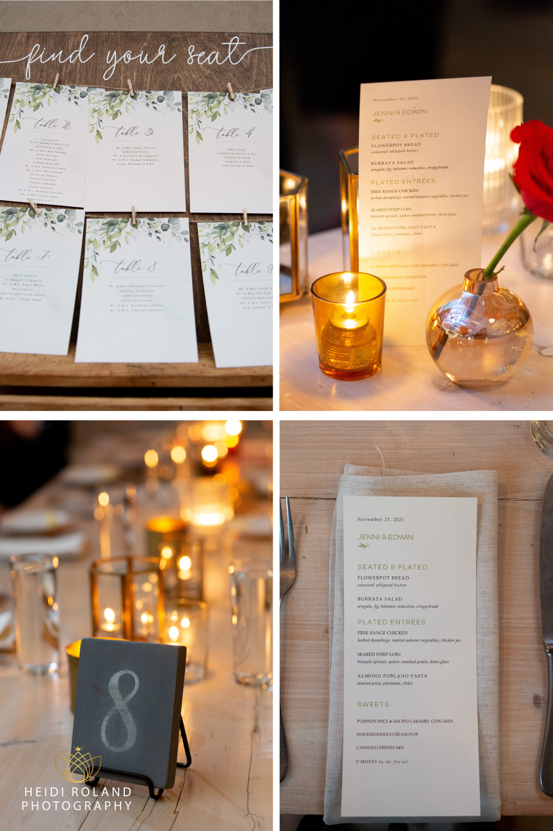 menu and place cards and table numbers at Terrain Devon wedding Reception 