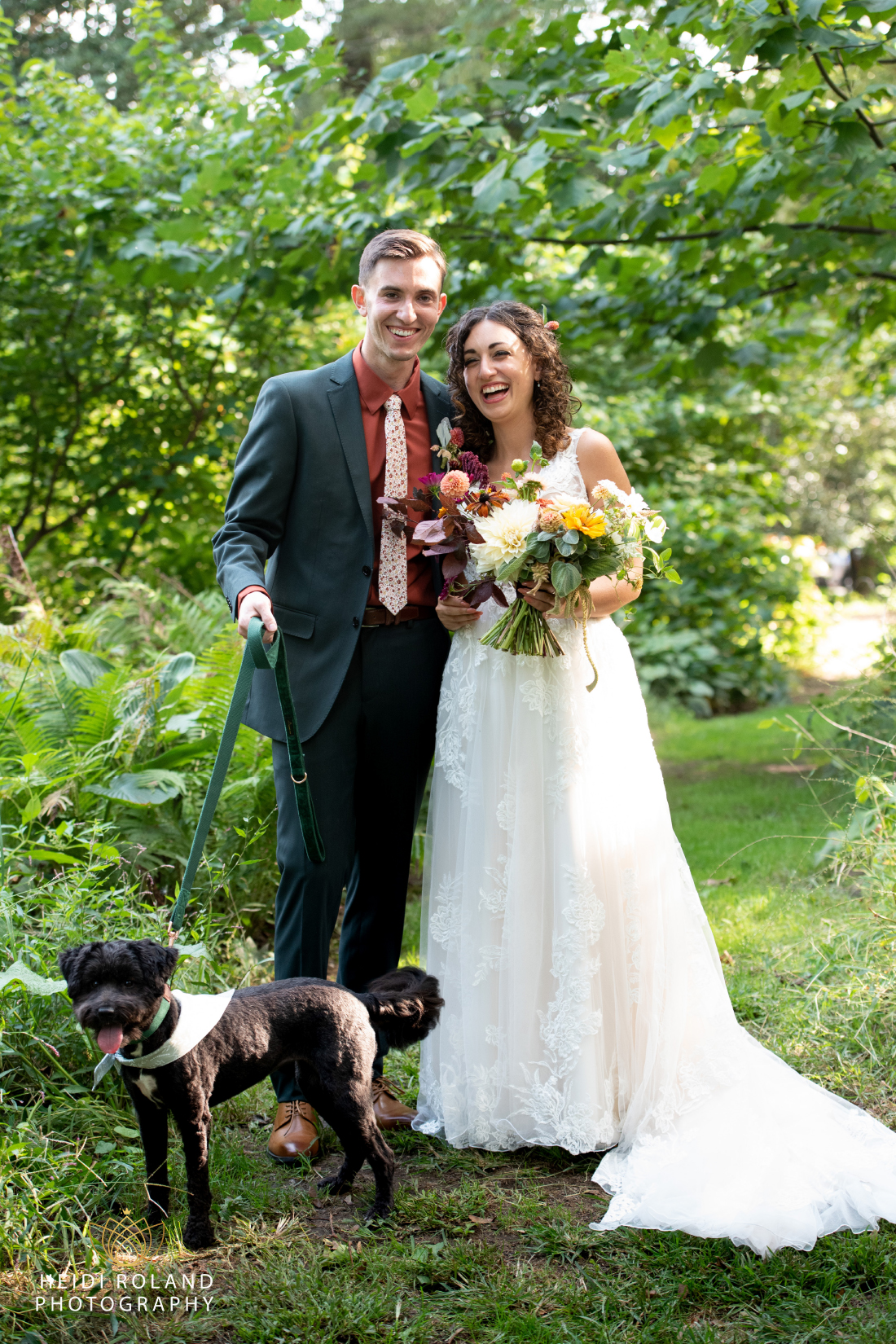 bride and groom with dog at Portico Awbury Arboretum Wedding