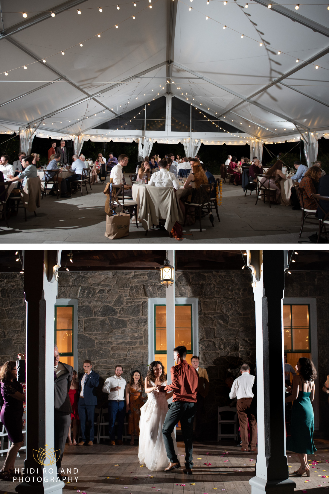 tented reception and porch first dance at Portico Wedding