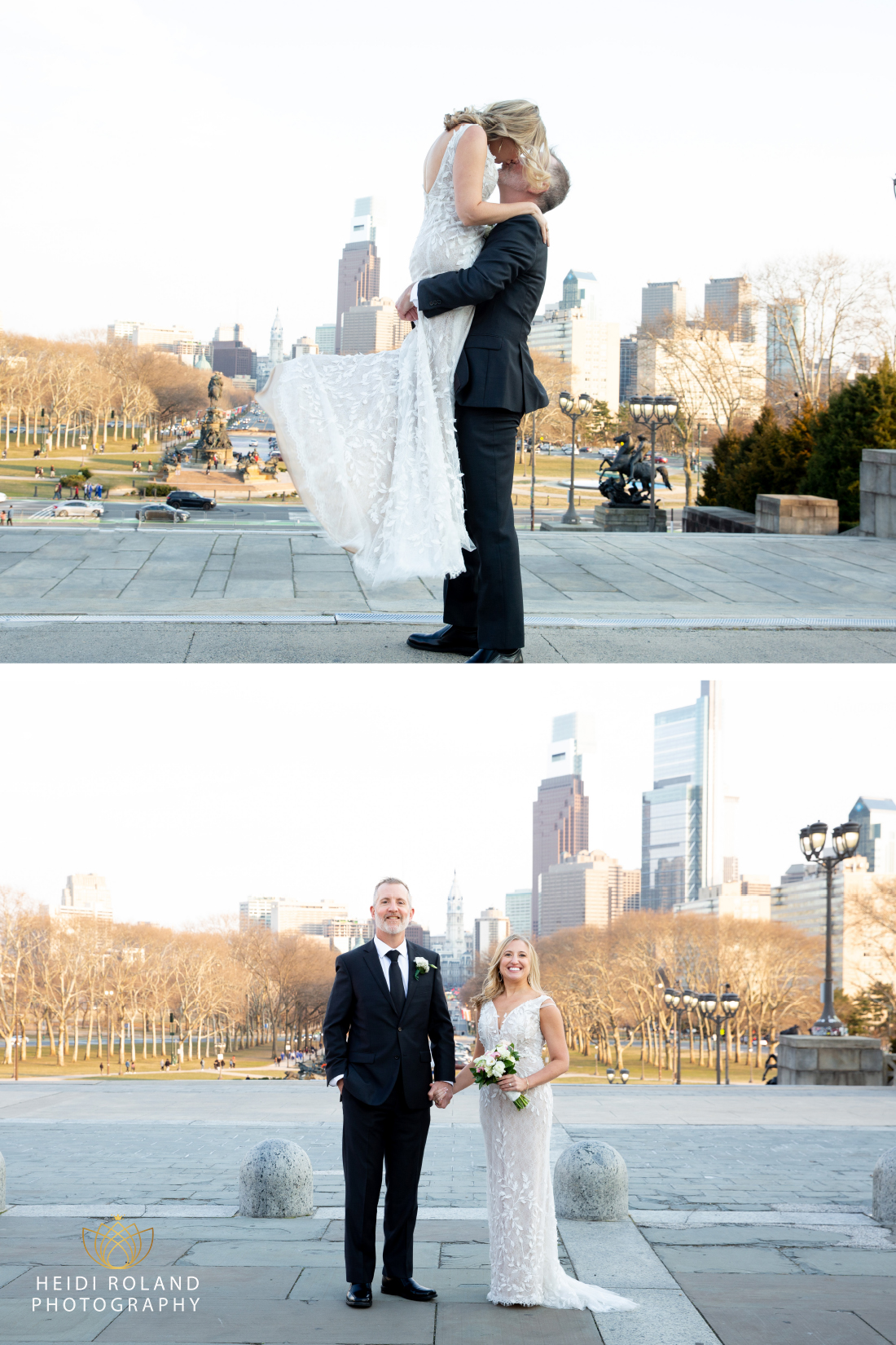 bride and groom with philadelphia skyline at Philadelphia Museum of Art