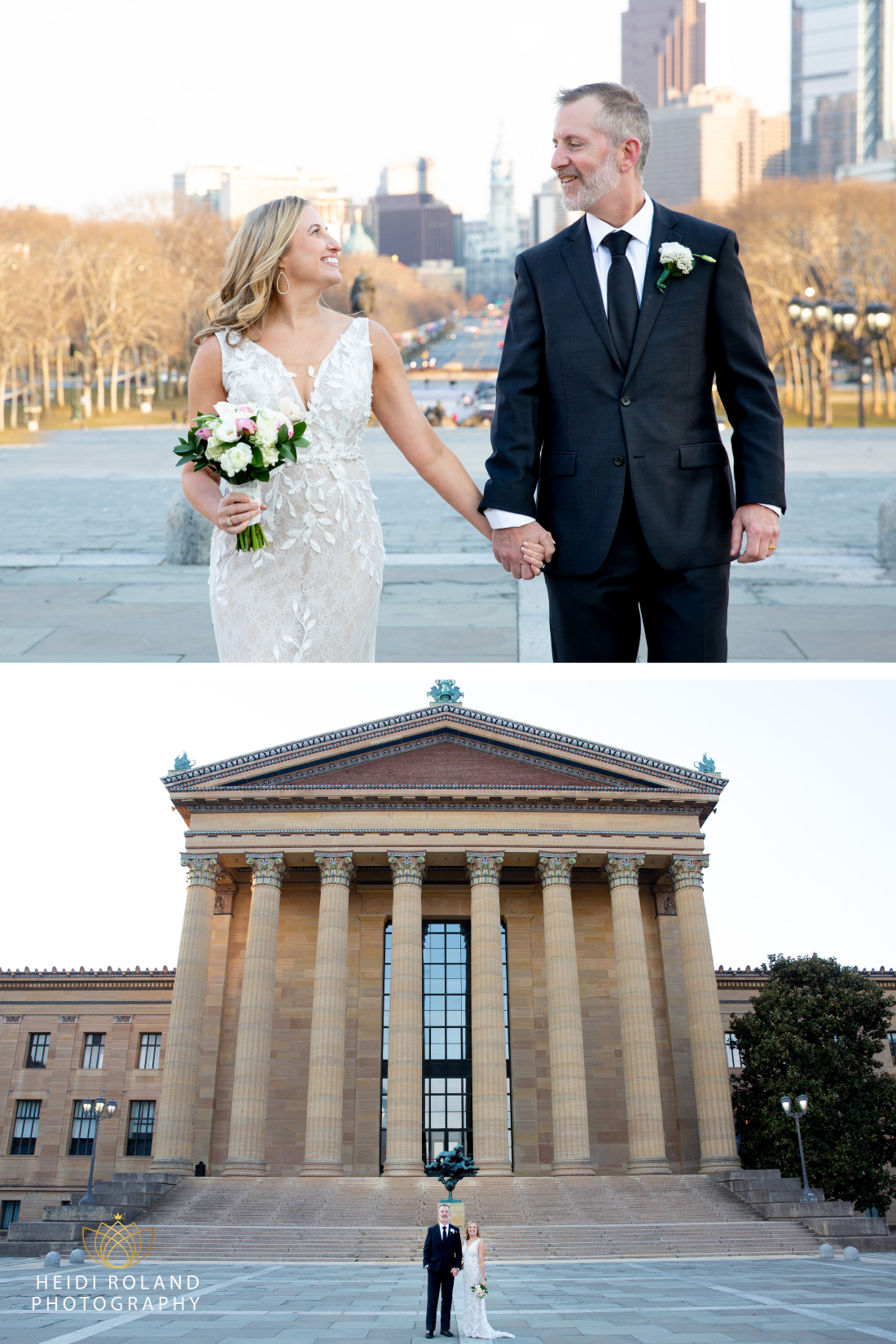 bride looking at grrom in front of the philadelphia museum of art