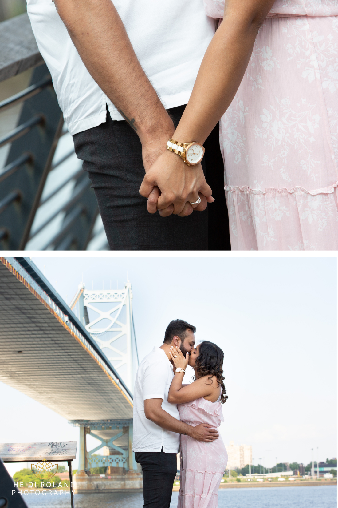 engagement ring and couple holding hands at Ben Franklin Bridge
