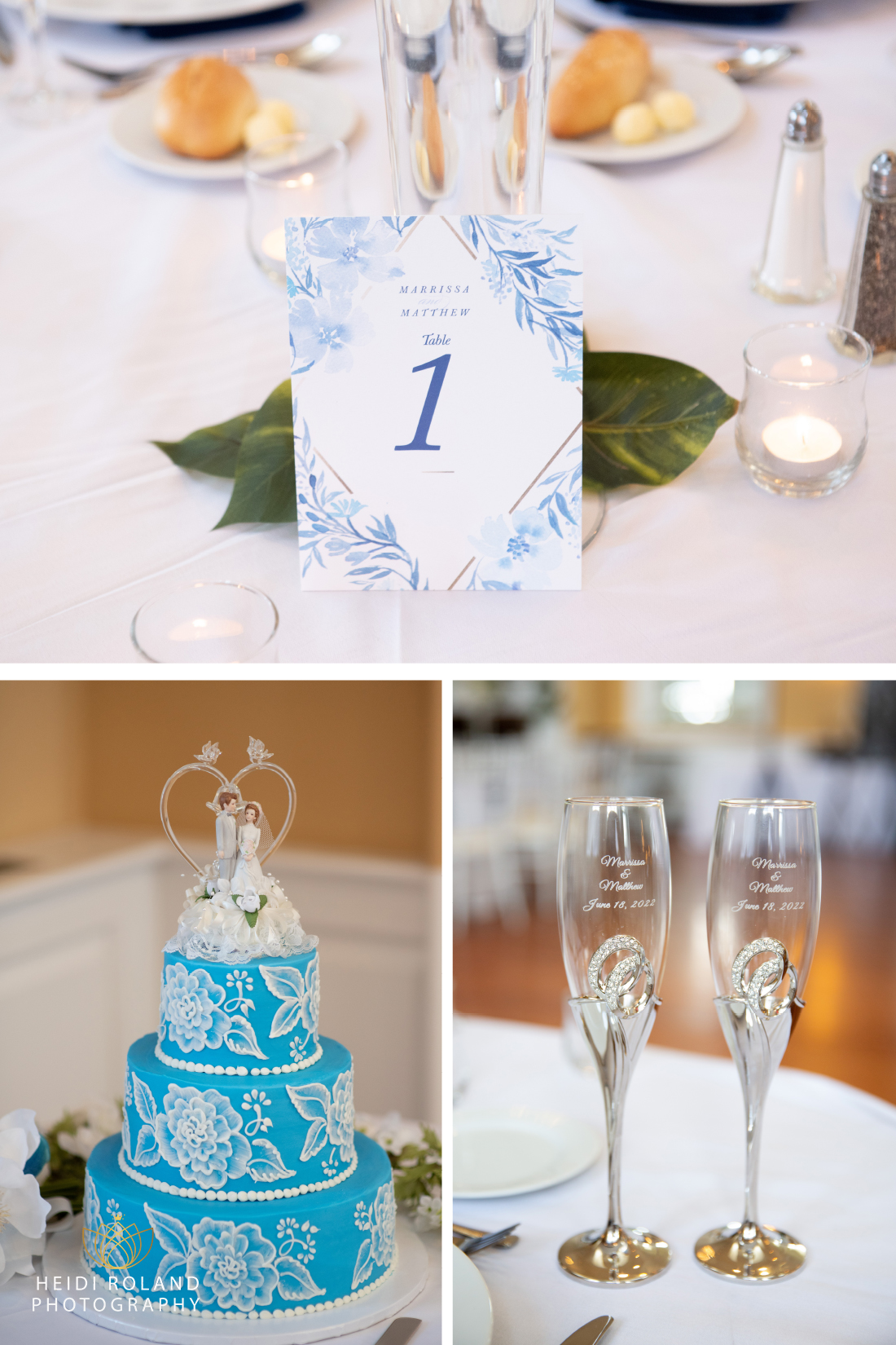 blue wedding cake and champagne glasses at philadelphia wedding