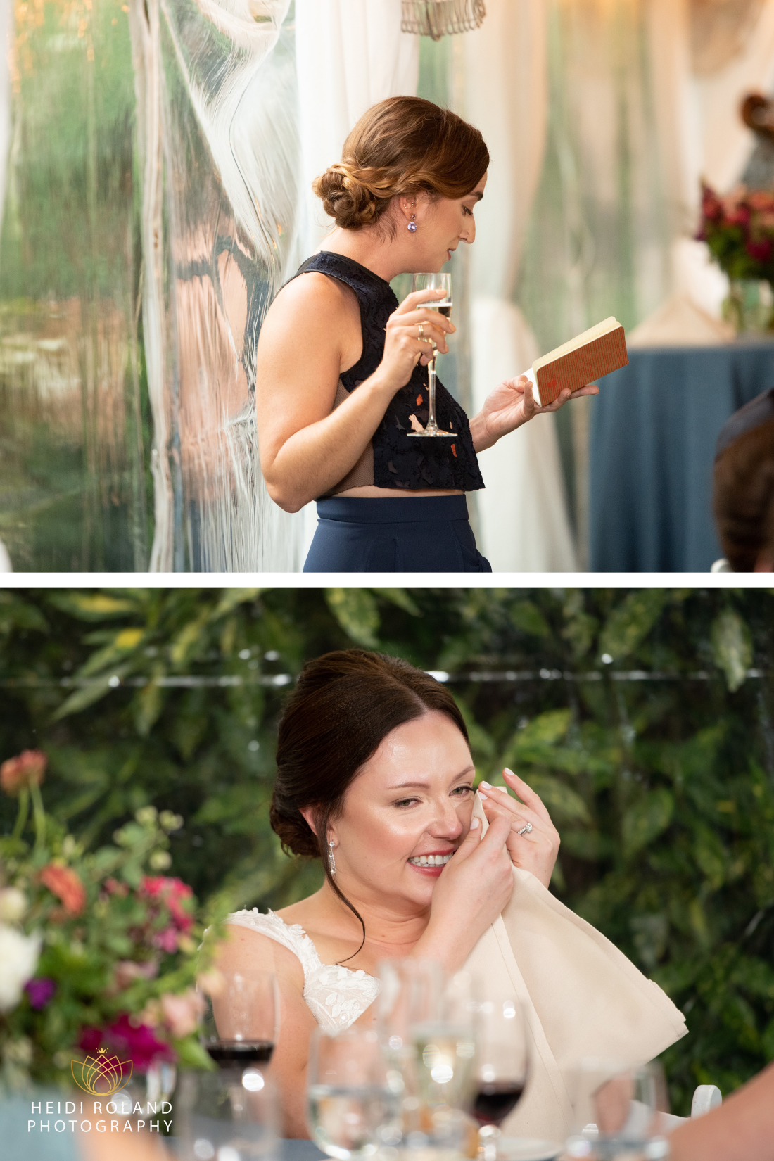 Bride wiping tears and tented wedding reception Philadelphia