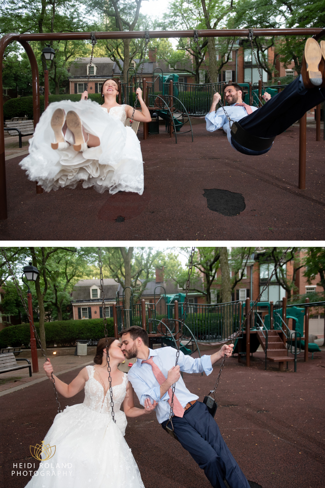 philadelphia bride and groom on swing set after wedding 