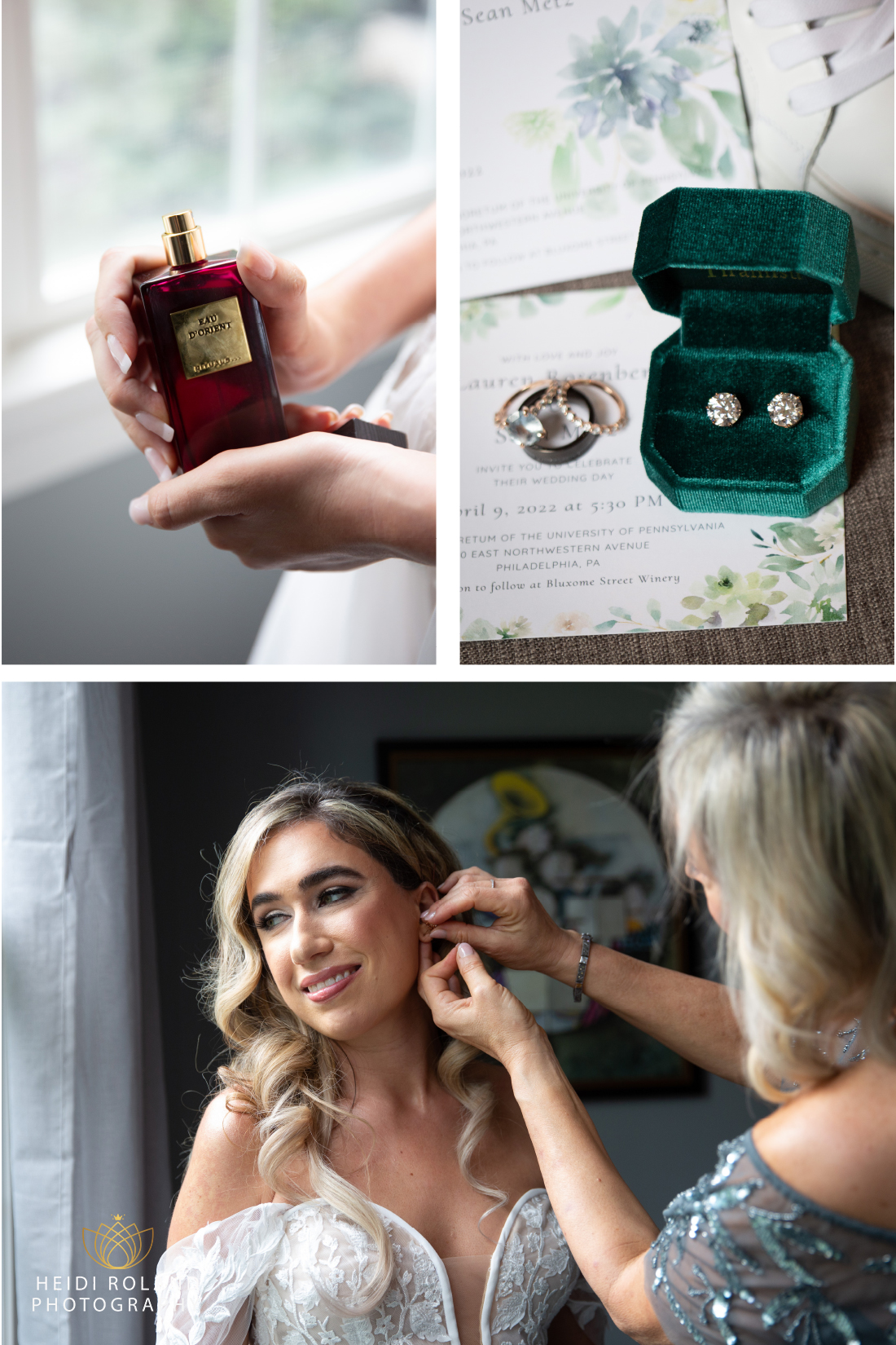 bridal wedding day details perfume and diamond earrings