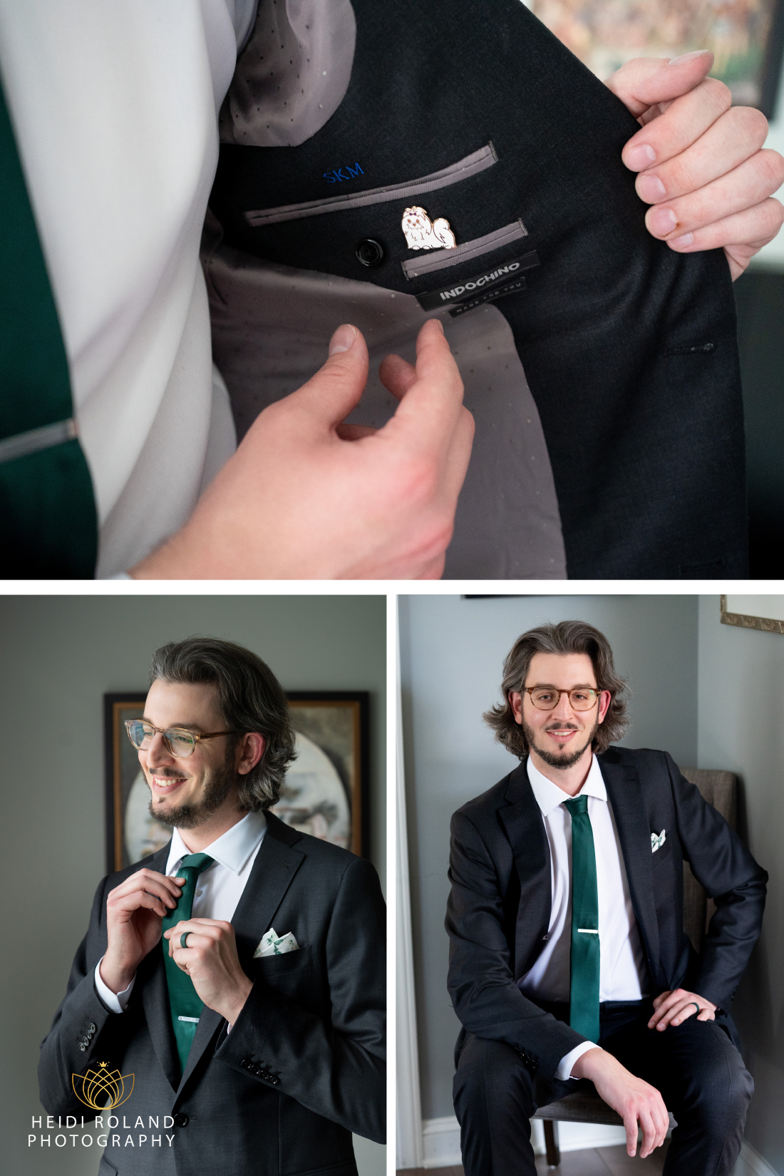 groom with pin of dog and embroidered initials in suit 