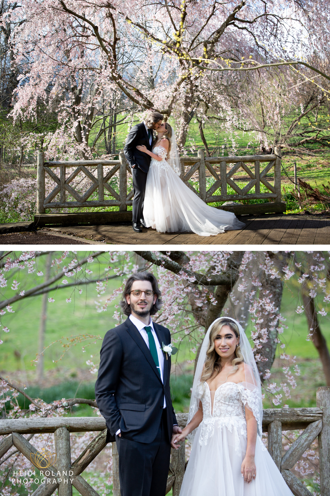couple on wedding day next to wooden fence in the spring at Morris Arboretum 