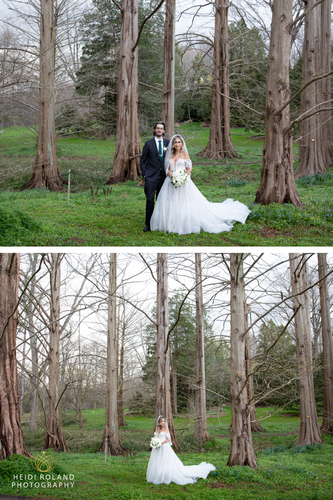 bride and groom in the woods on wedding day Morris Arboretum Wedding venue