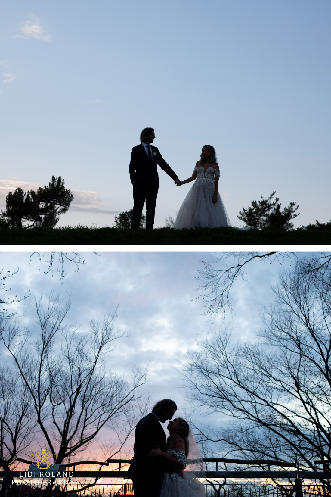 sunset photos of bride and groom in Philadelphia, PA Arboretum