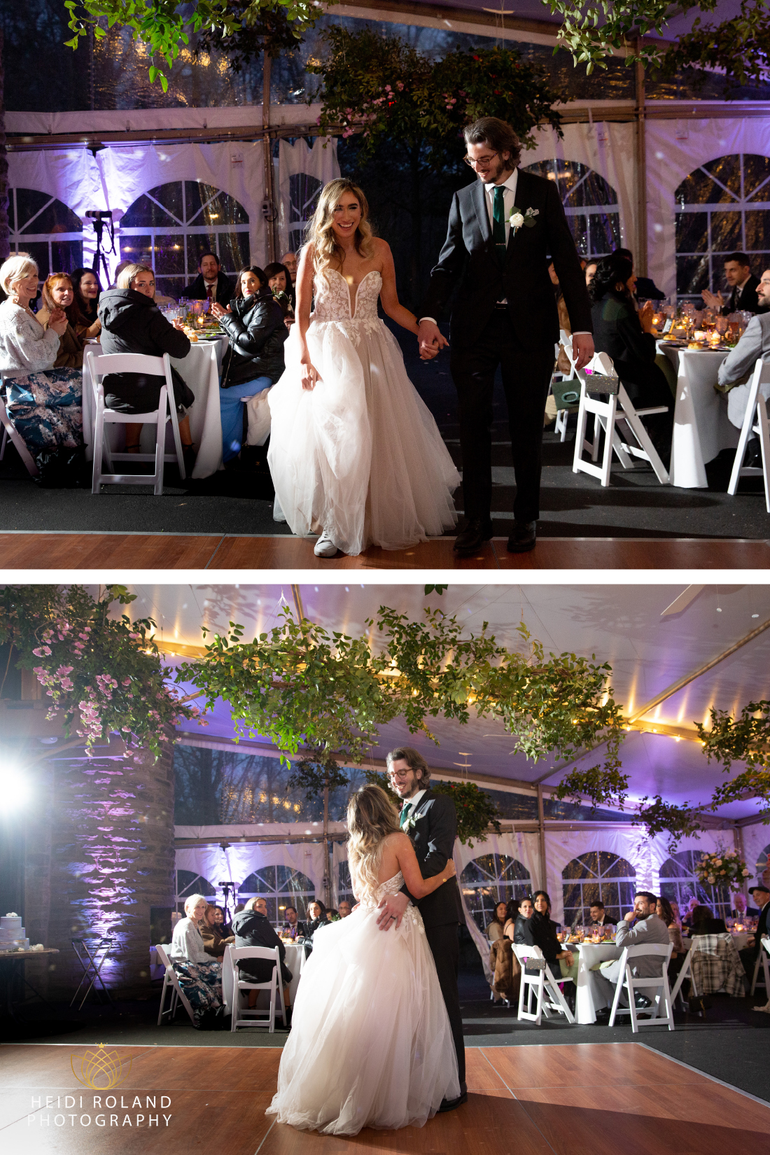 bride and groom first dance in outdoor themed tent at Morris Arboretum Philadelphia