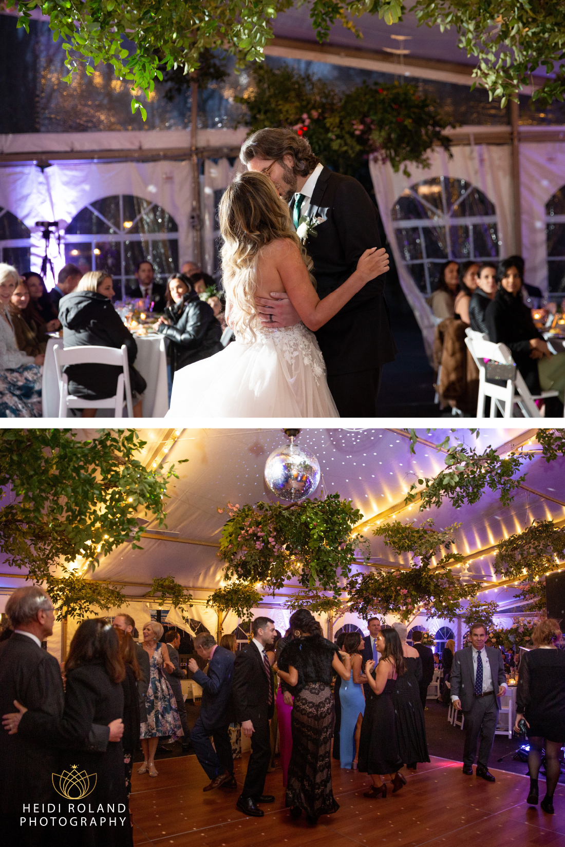 bride and groom dancing with family and friends in tented reception at Morris Arboretum Wedding