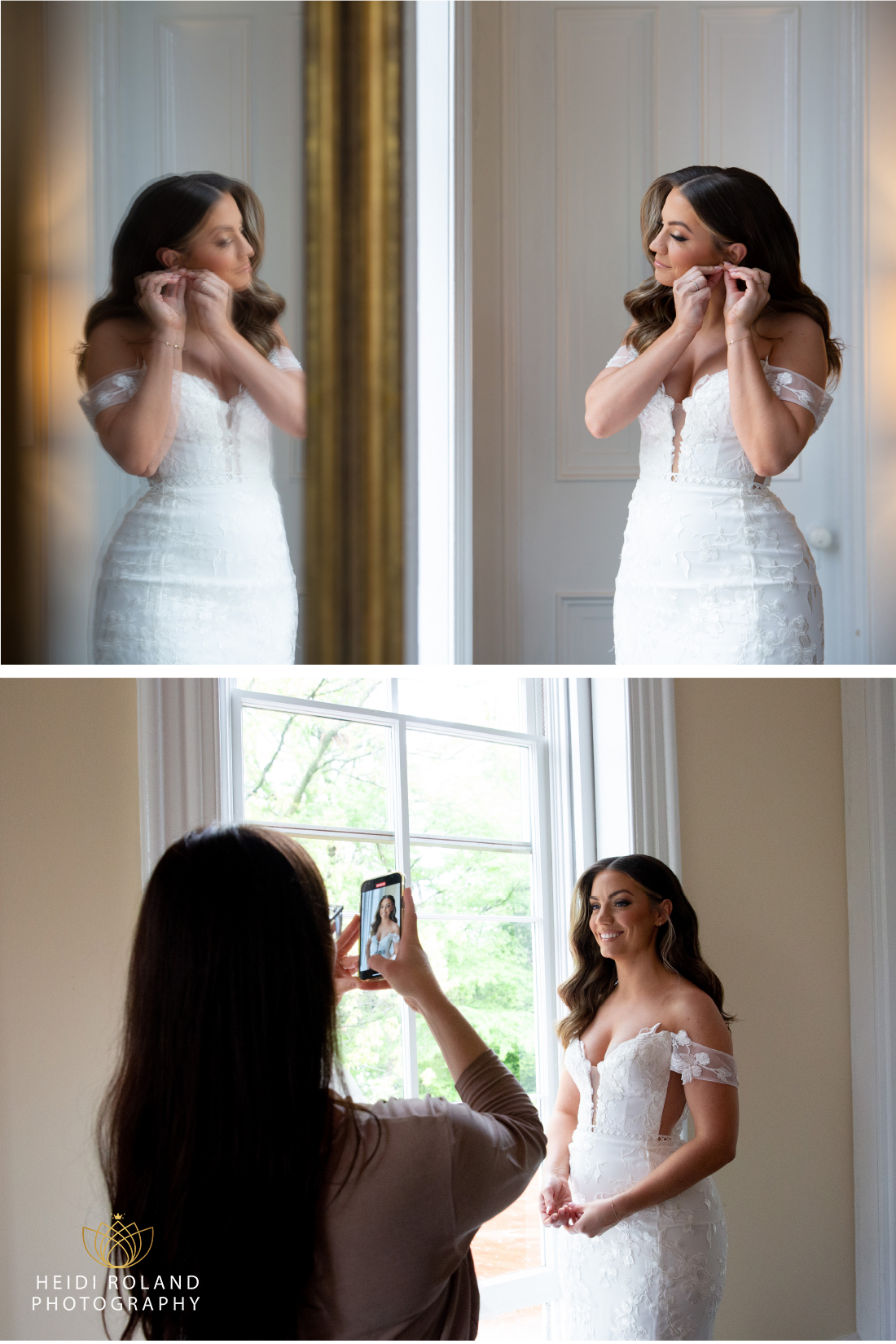 bride getting ready by window at Francis Cope House bridal suite