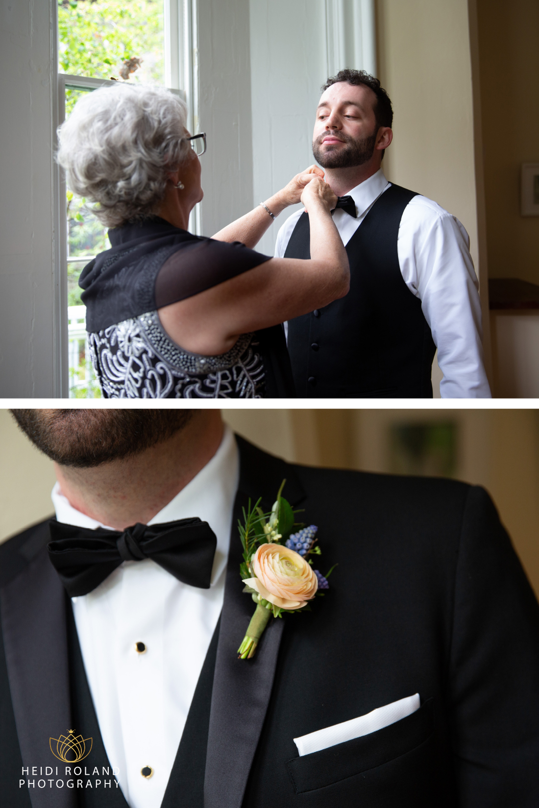 groom pastel boutonniere with mom