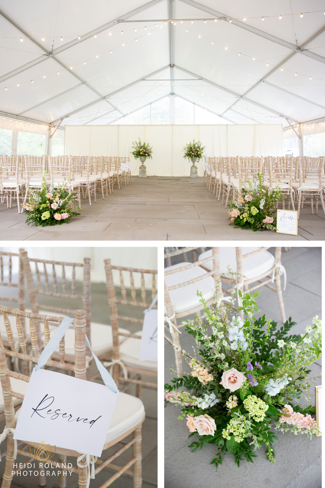 ceremony tent with pastel flowers and string lights at Awbury Arboretum