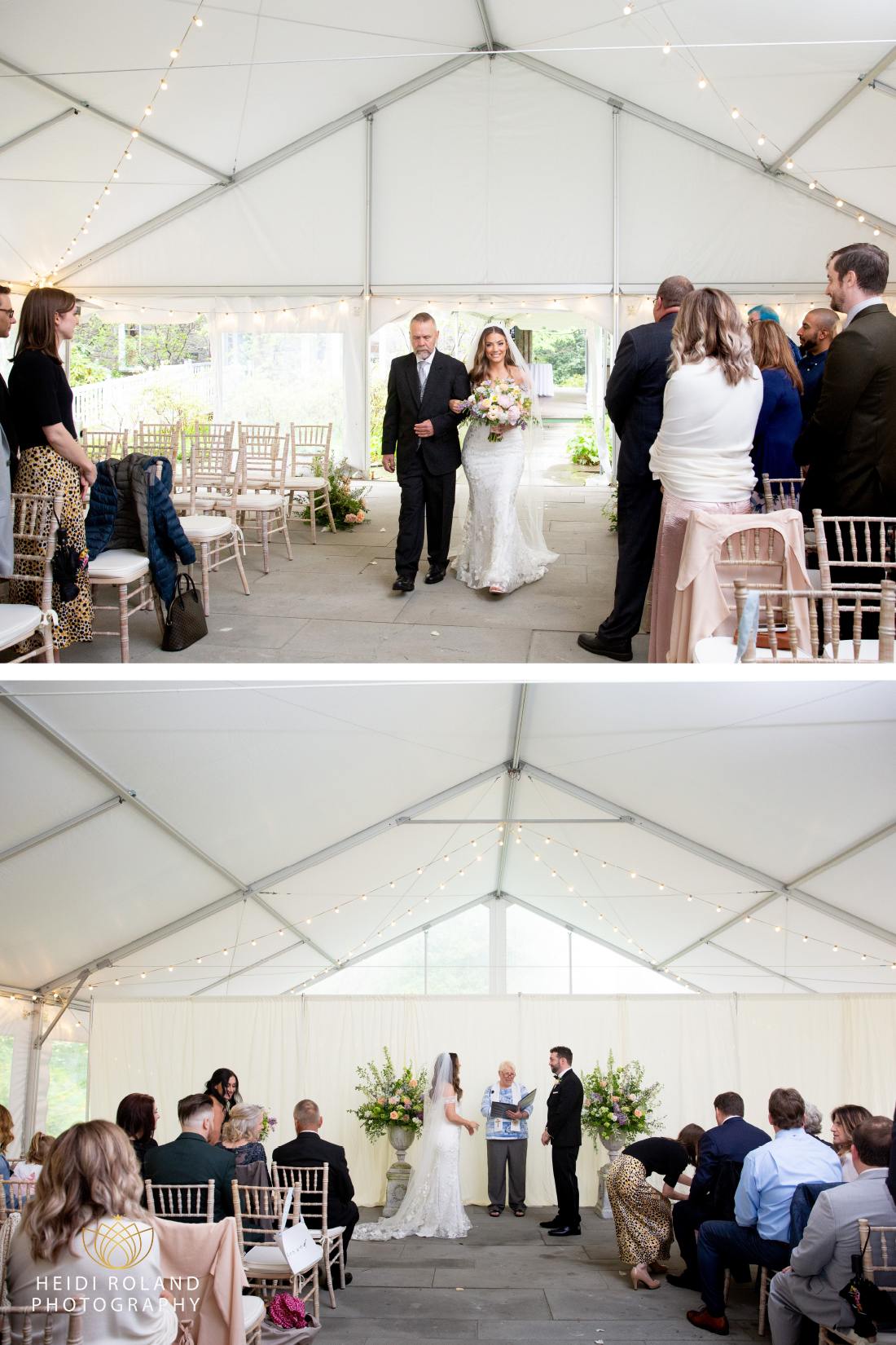 bride and dad walking down the aisle tent ceremony at Portico
