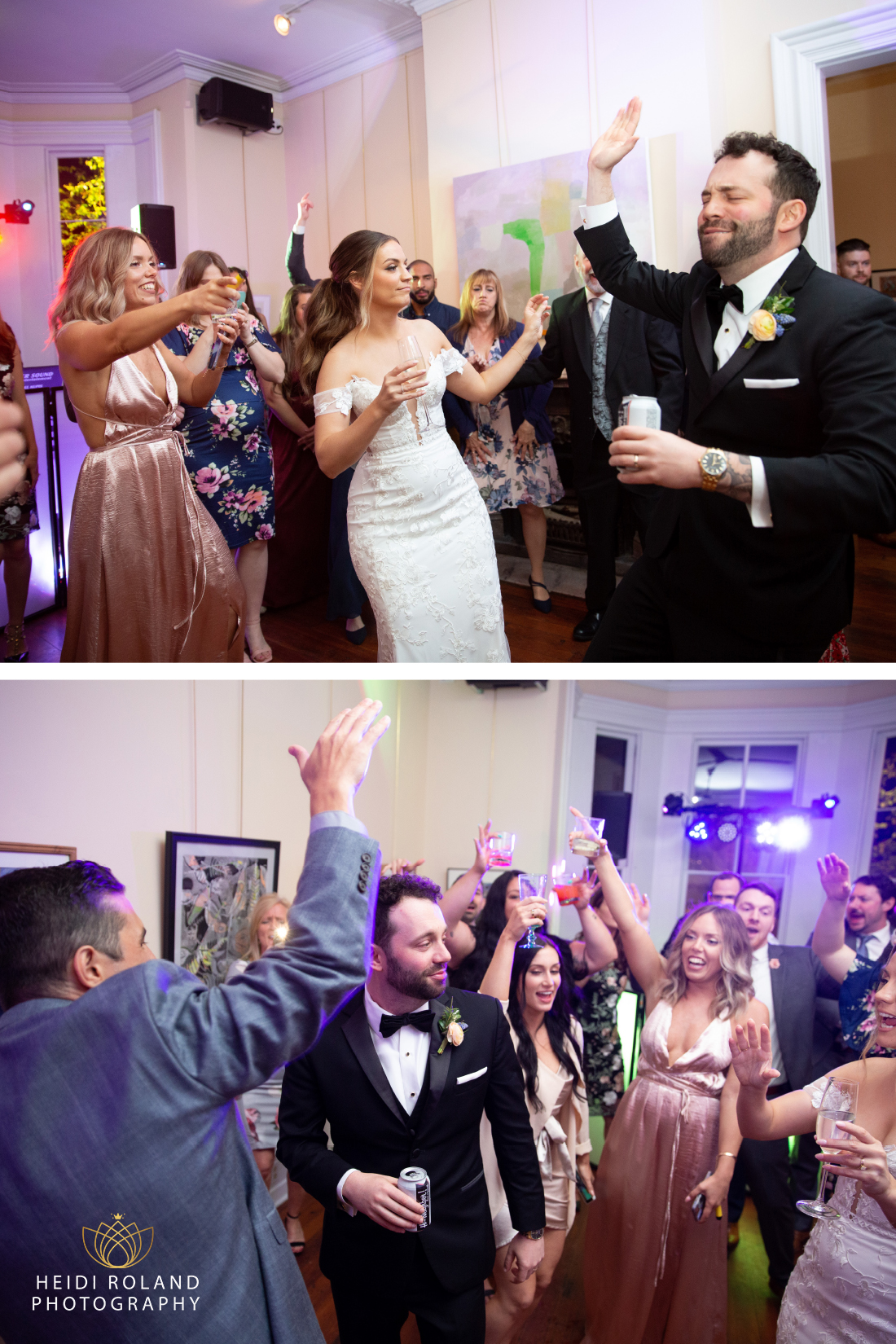 bride and groom dancing with friends