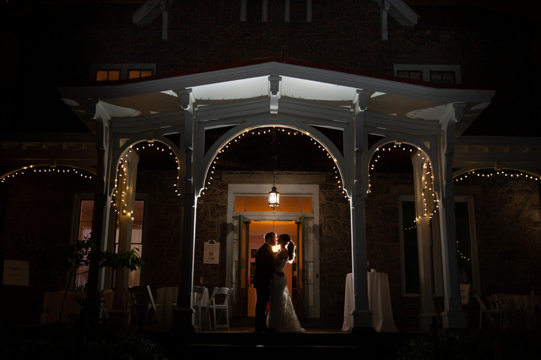 night time couples wedding photo outdoor at Awbury Arboretum porch