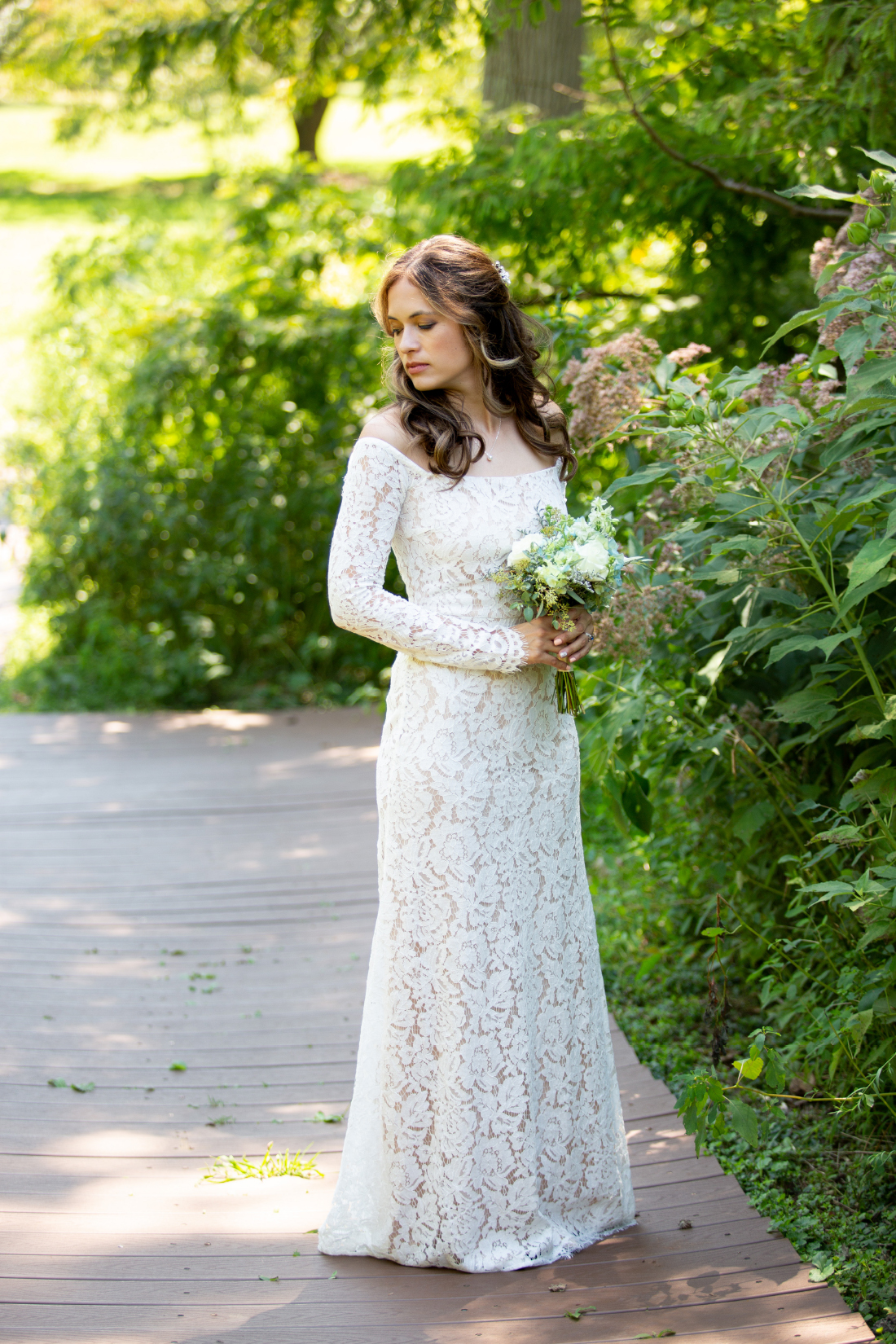 Bride in lace dress at Everhart Park West Chester PA