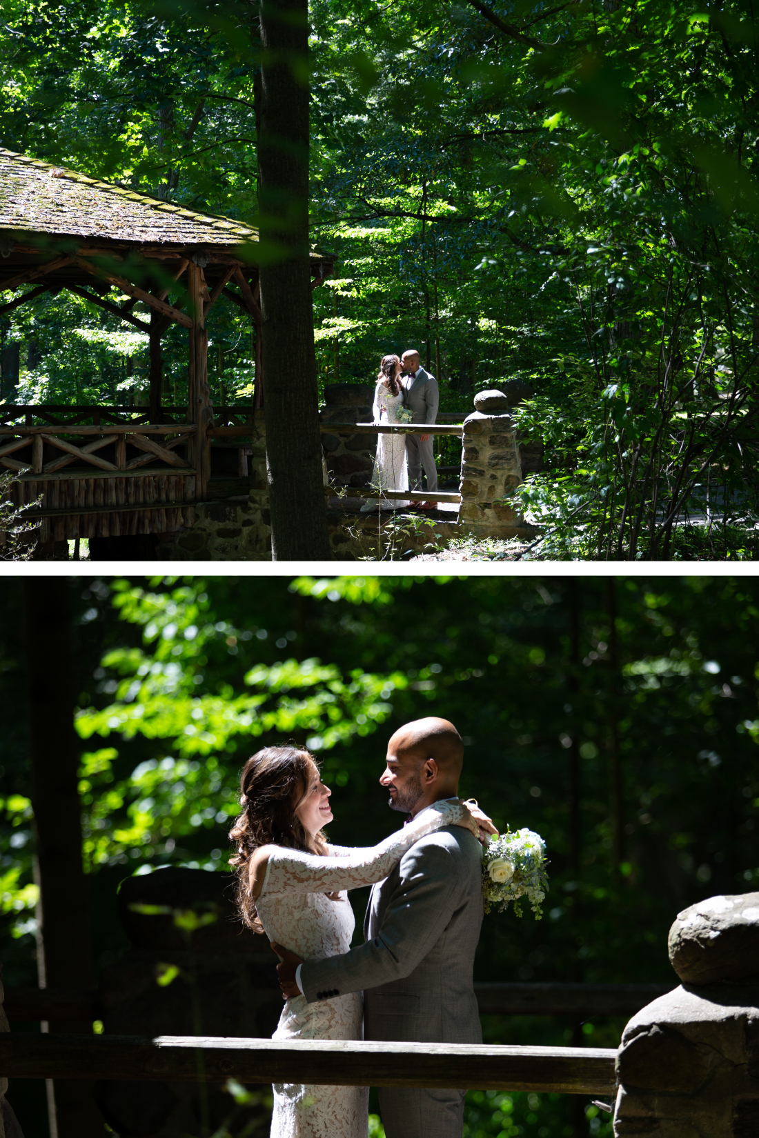Bride and groom in the trees at Everhart Park West Chester PA