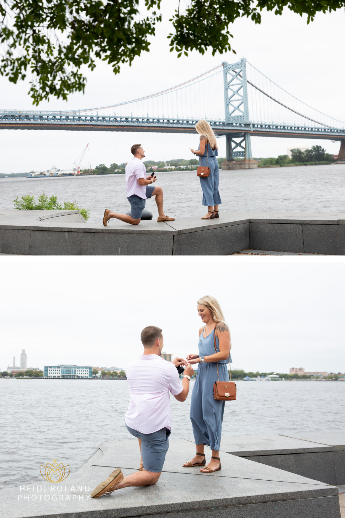 Man down on one knee proposing to woman by the Ben Franklin Bridge