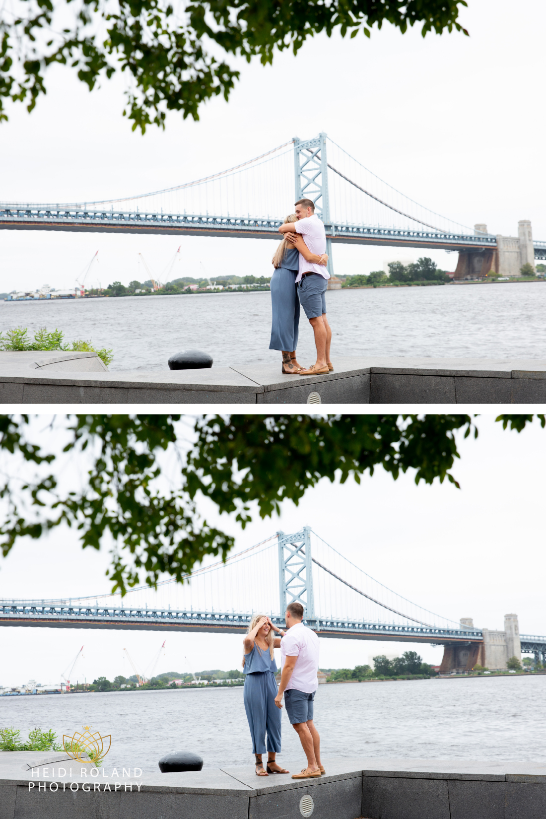 Man and woman hugging after proposal by the Ben Franklin Bridge in Philadelphia