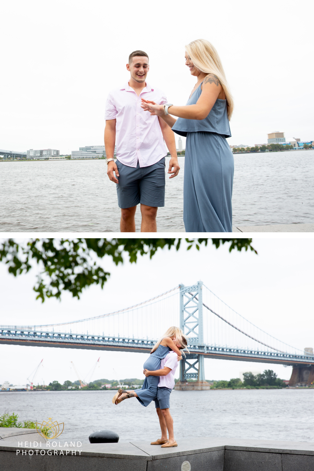 Woman admiring new engagement ring after Ben Franklin Bridge proposal by Heidi Roland Photography