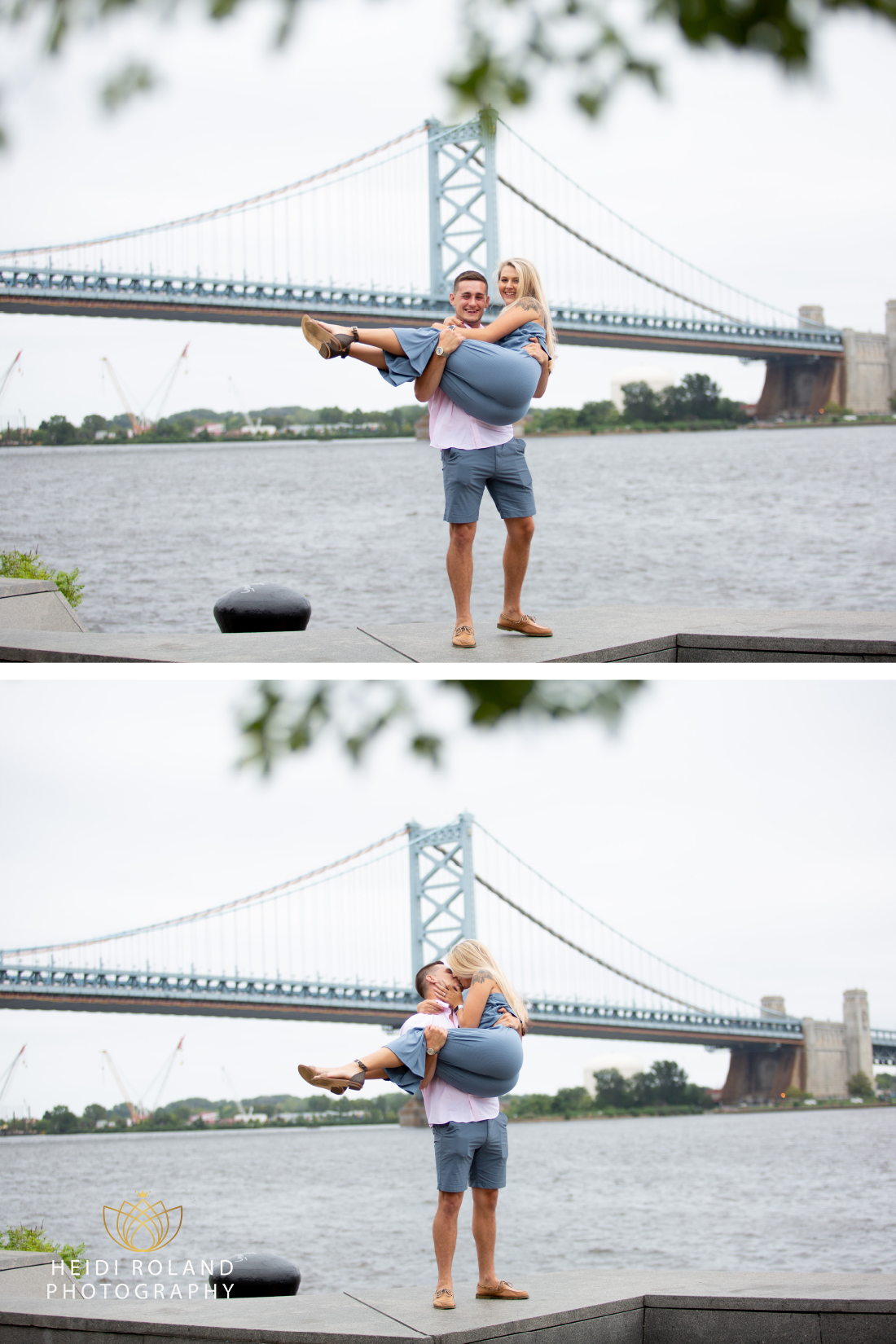 Man lifting fiancé near the Delaware River in front of the Ben Franklin Bridge 